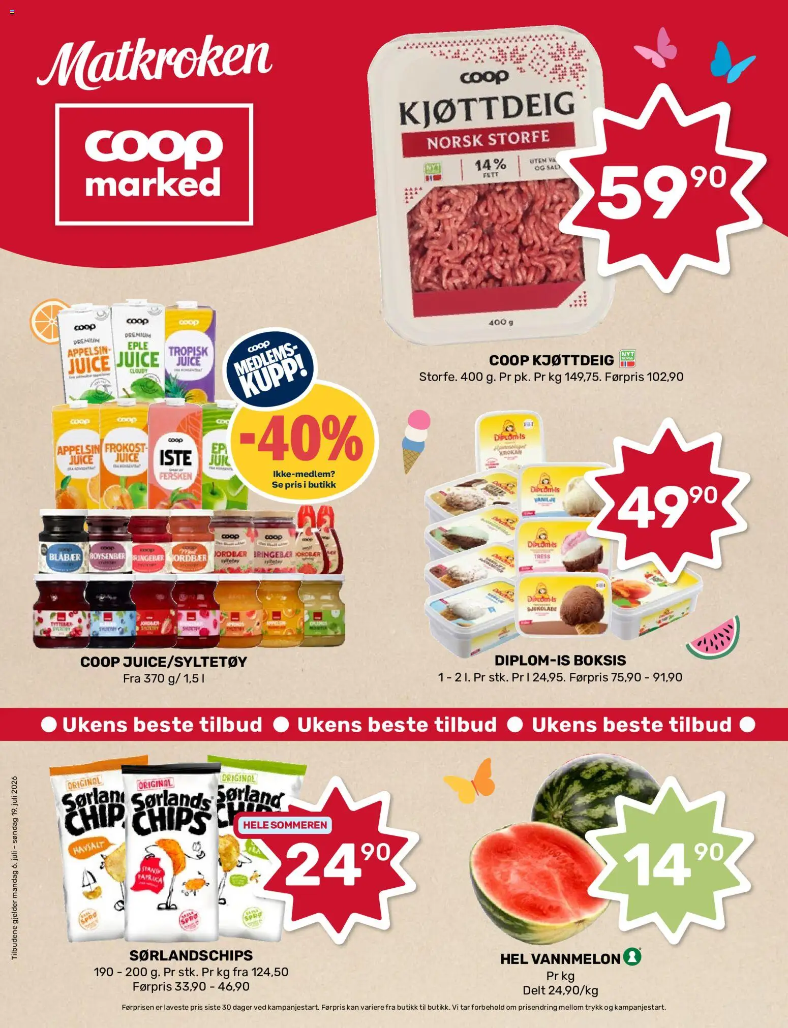Forhåndsvis Coop Marked kundeavis fra butikk Coop Marked gyldig fra 06/07/2026 - Fersken, Bringebær, Paprika, 1, Vannmelon, Salt, Sørlandschips, Iste