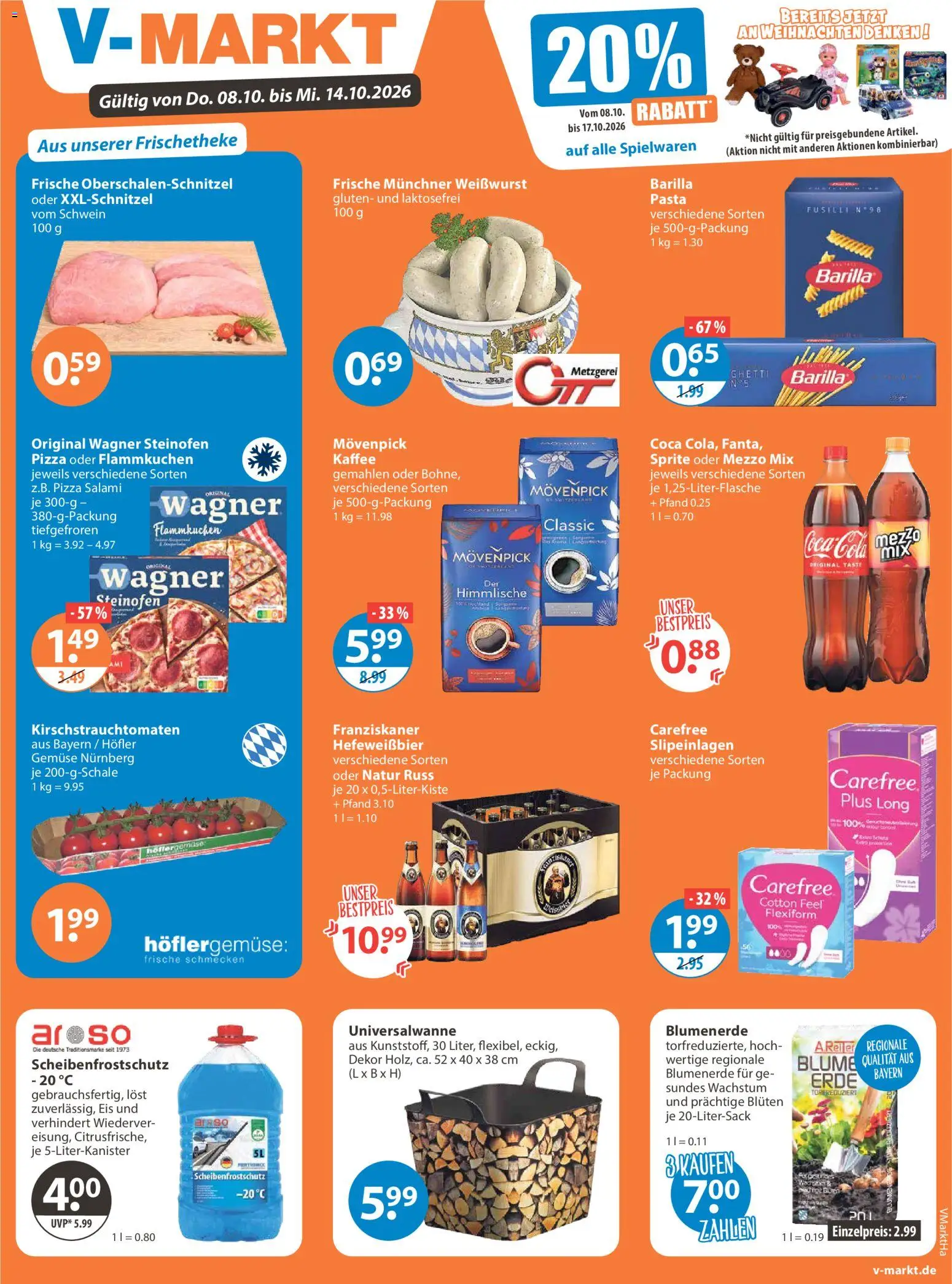 Vorschau von dem Prospekt des Geschäftes V-Markt, gültig ab dem 08.10.2026 - Pizza, Kaffee, Coca cola, Cola, Salami, Barilla, Blumenerde, Oder mezzo mix