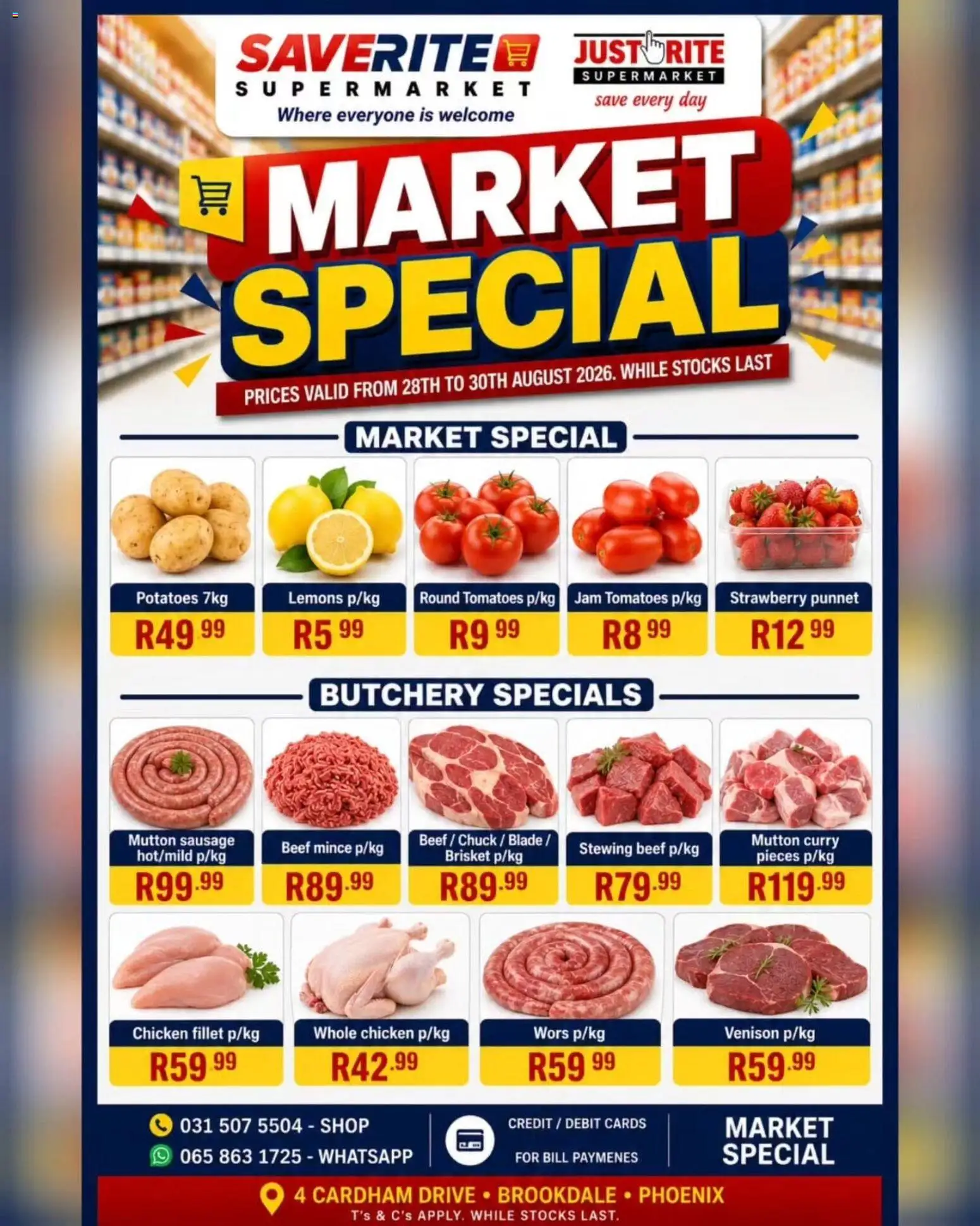 Preview of Saverite flyer valid from 28/08/2026 - Chicken, Jam, Potatoes, Lemons, Tomatoes, Sausage, Beef, Fillet