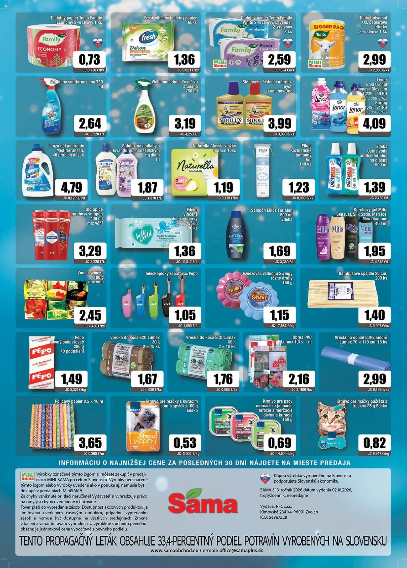 Náhľad Sama letáku platného od 02.10.2026 - Voda, Old Spice, Osviežovač vzduchu, Šampón, Paštéta, Utierky, Sprchový gél, Gél na pranie