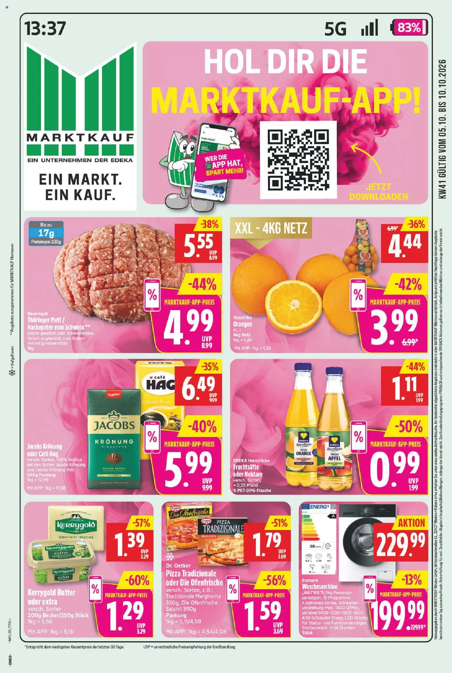 Vorschau von dem Prospekt des Geschäftes Marktkauf, gültig ab dem 05.10.2026 - Pizza, Waschmaschine, Butter, Äpfel, Salami, Orangen, Ofenfrische, Bauerngut
