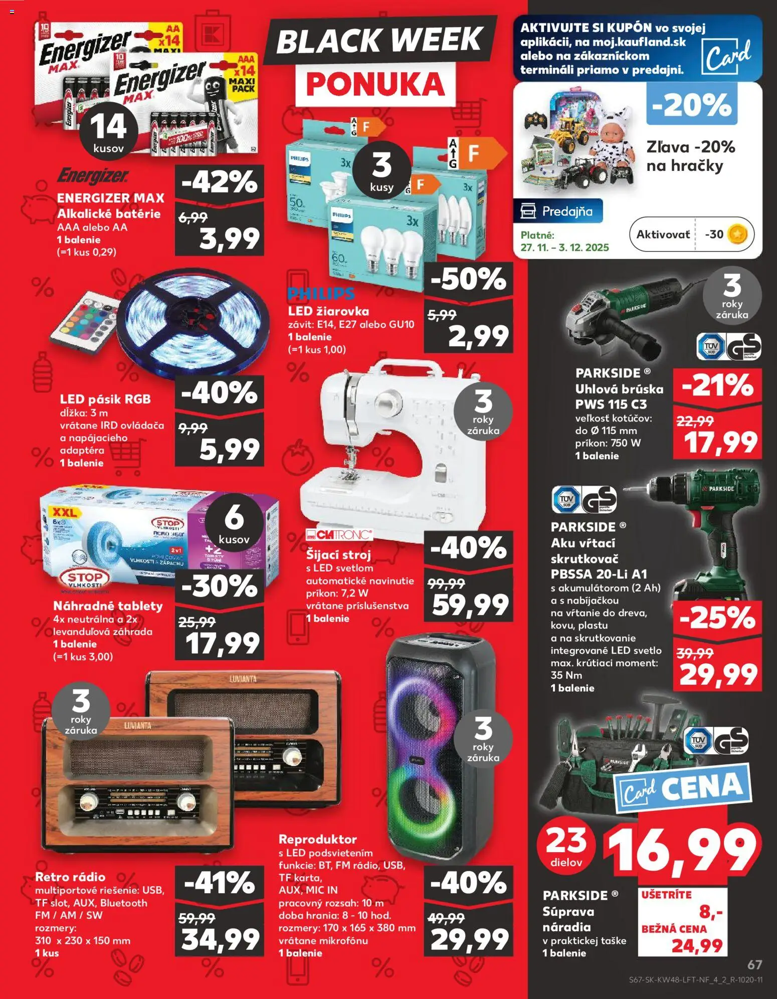 Náhľad Kaufland letáku platného od 27.11.2025 - Parkside, Hračky, Reproduktor, Led, Rádio, Svetlo, Aku, Uhlová brúska