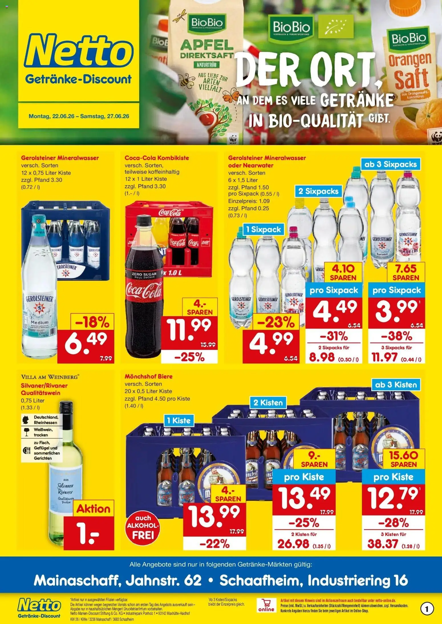 Vorschau von dem Prospekt des Geschäftes Netto Marken-Discount, gültig ab dem 22.06.2026 - Äpfel, Cola, Alkohol, Himbeere, Gerolsteiner, Orangensaft, Orangen, Monchshof