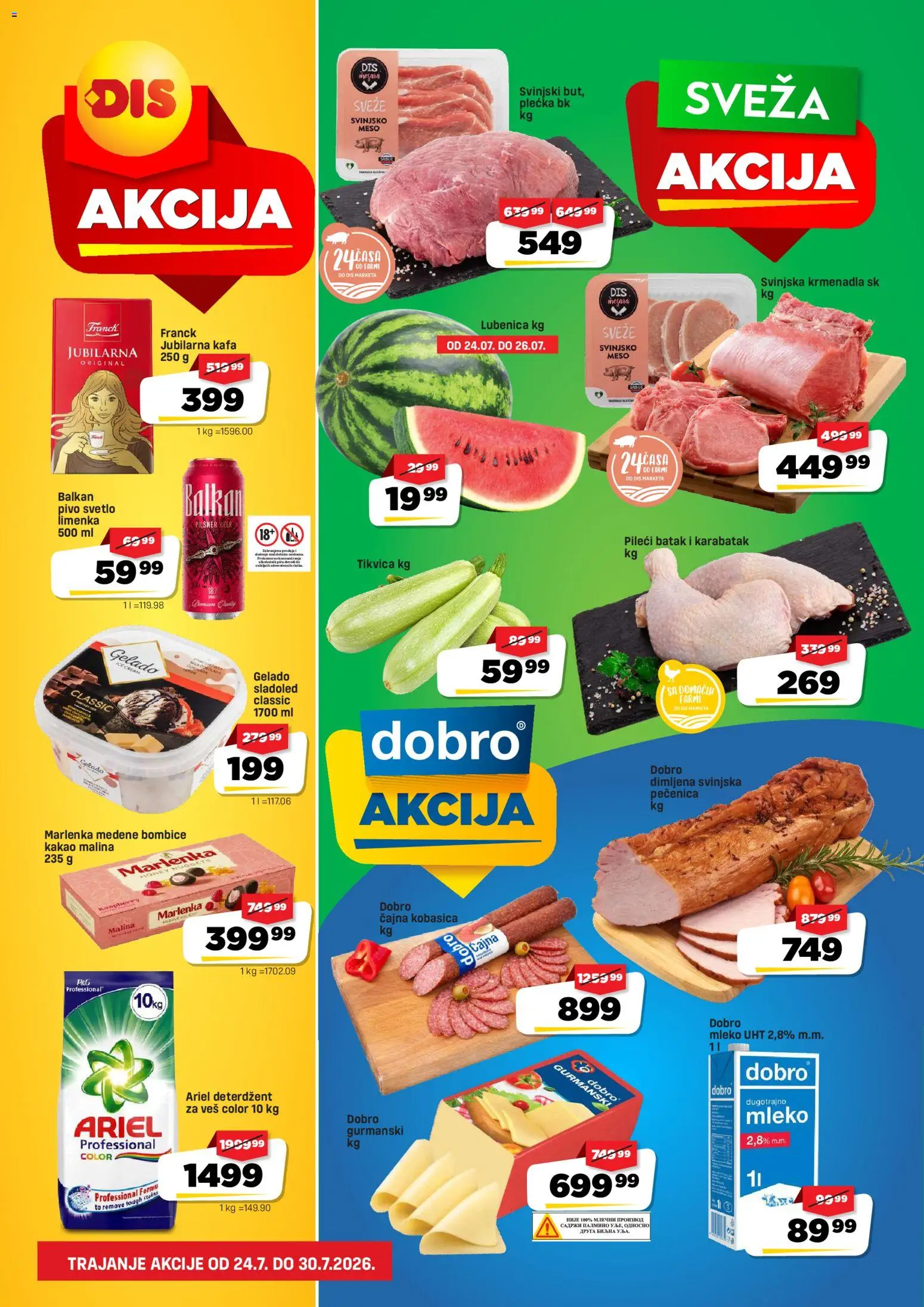 Pregled Super DIS kataloga - važi od 24.07.2026 - Sladoled, Lubenica, Malina, Meso, Tikvica, Krmenadla, Deterdžent, Pileći batak