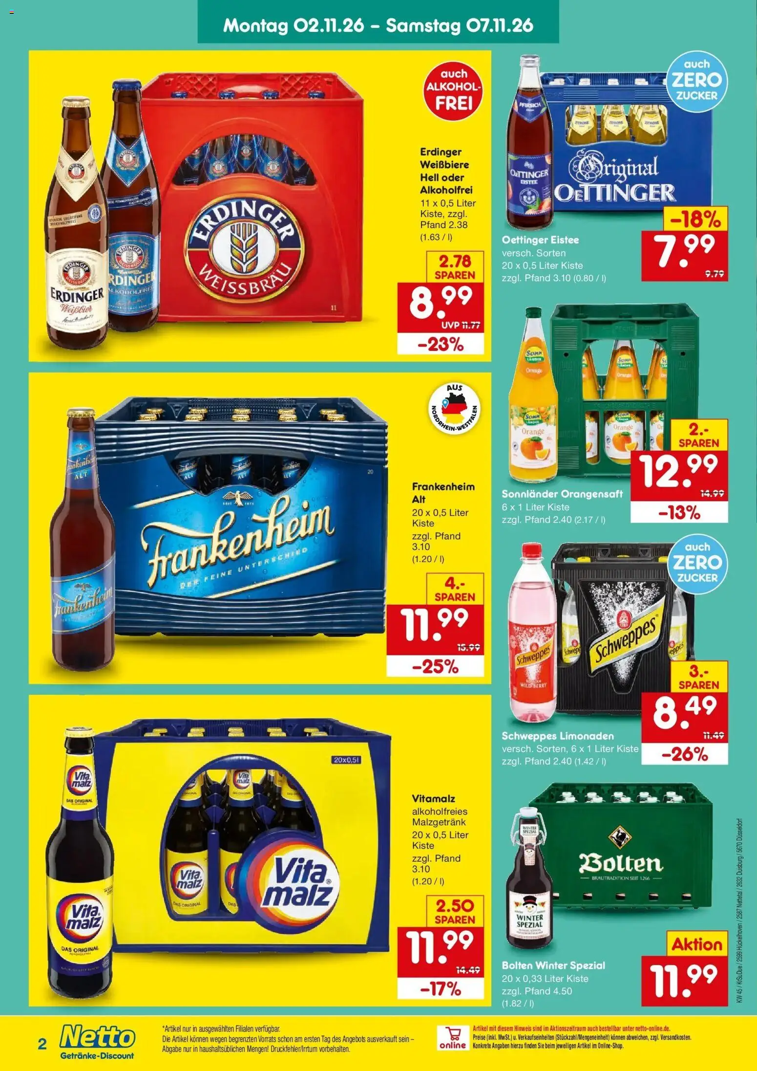 Vorschau von dem Prospekt des Geschäftes Netto Marken-Discount, gültig ab dem 02.11.2026 - Alkohol, Pfirsich, Zucker, Schweppes, Oettinger, Orangensaft, Erdinger