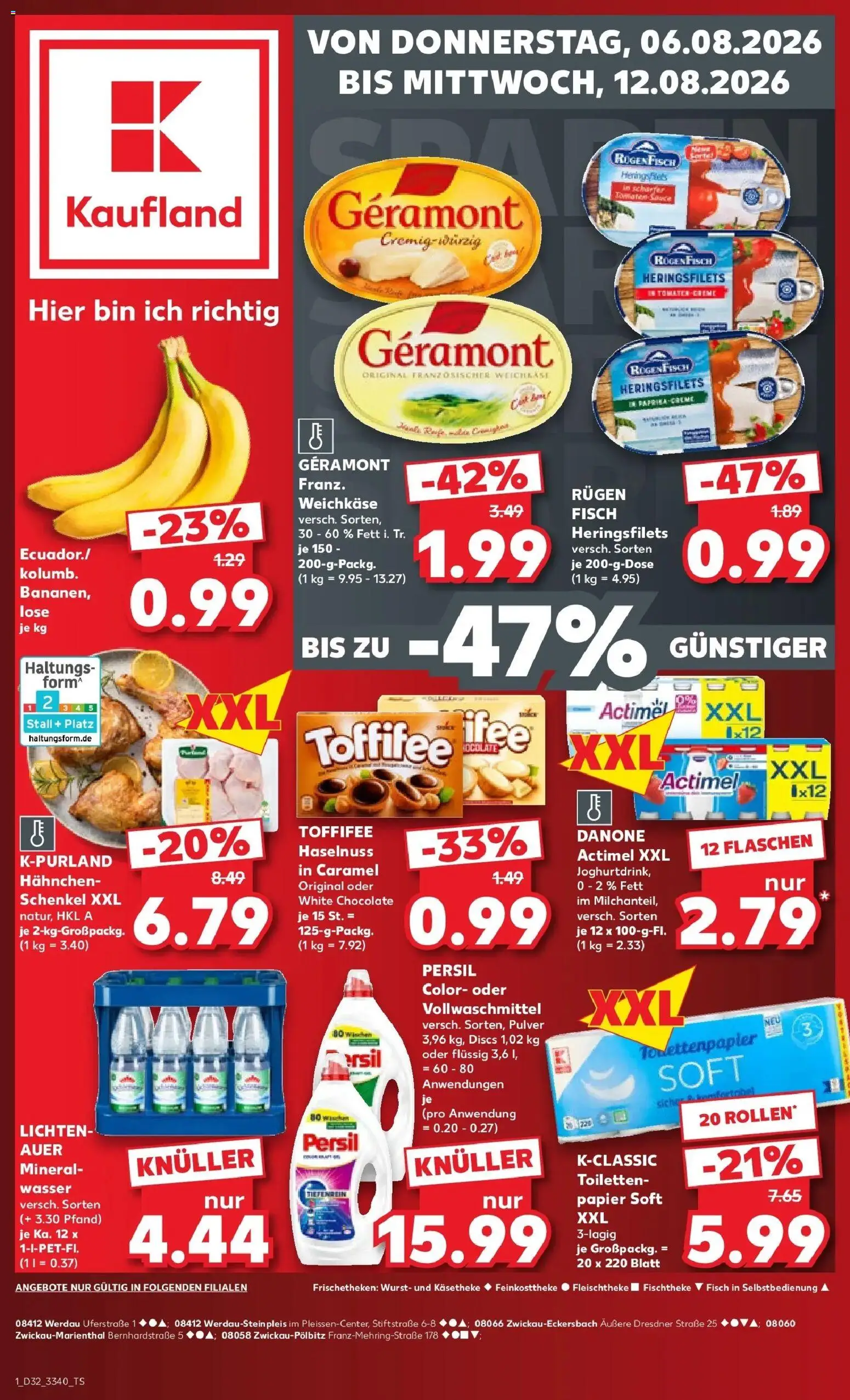 Vorschau von dem Prospekt des Geschäftes Kaufland, gültig ab dem 06.08.2026 - Wasser, Fisch, Wurst, Hering, Actimel, Tomaten, Persil, Geramont