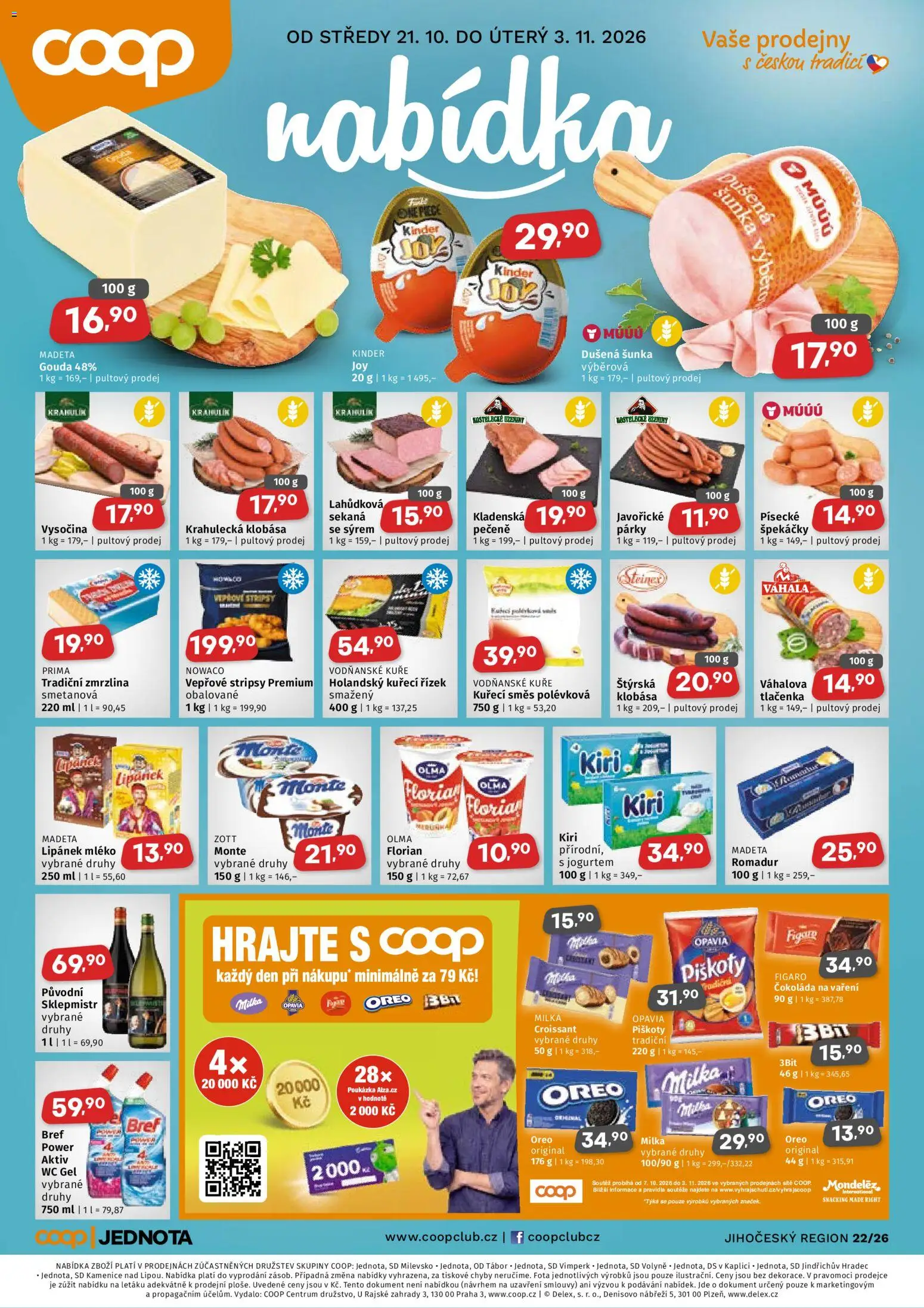 Náhled nabídky: Coop Coop leták - Jihočeský region platný od 21.10.2026 - Zmrzlina, Klobása, Párky, Romadur, Stripsy, Gouda, Piškoty, Sklepmistr