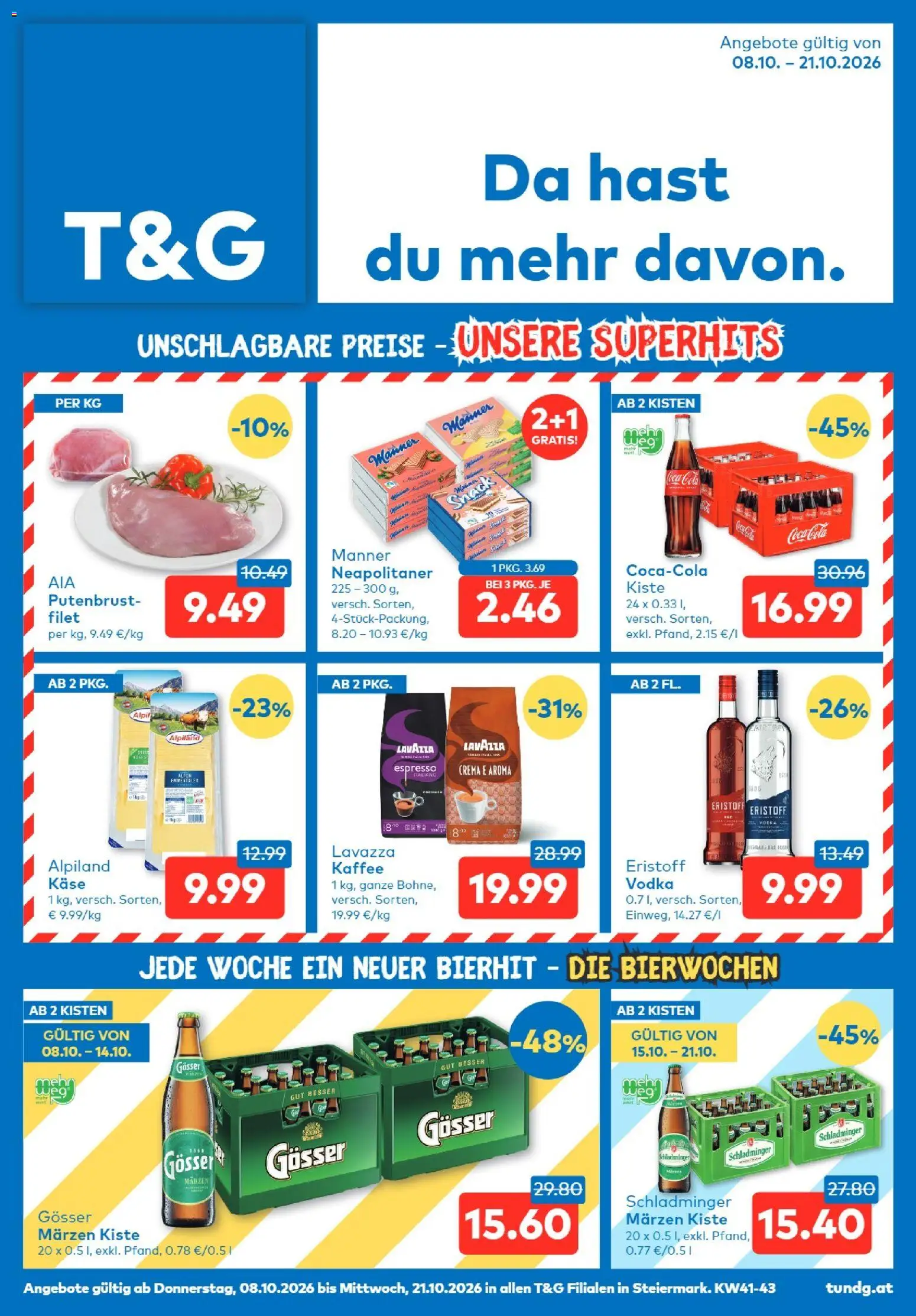 Vorschau der Angebote: T&G T&G Steiermark gültig ab 08.10.2026 - Kaffee, Käse, Putenbrust