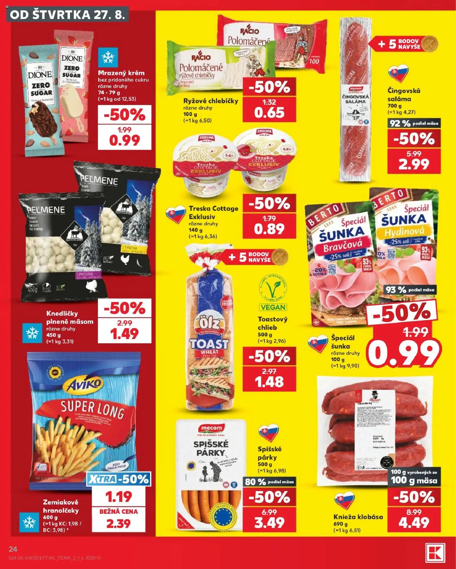 Náhľad Kaufland letáku platného od 27.08.2026 - Chlieb, Treska, Klobása, Šunka, Párky, Saláma, Krém, Ryžové chlebíčky