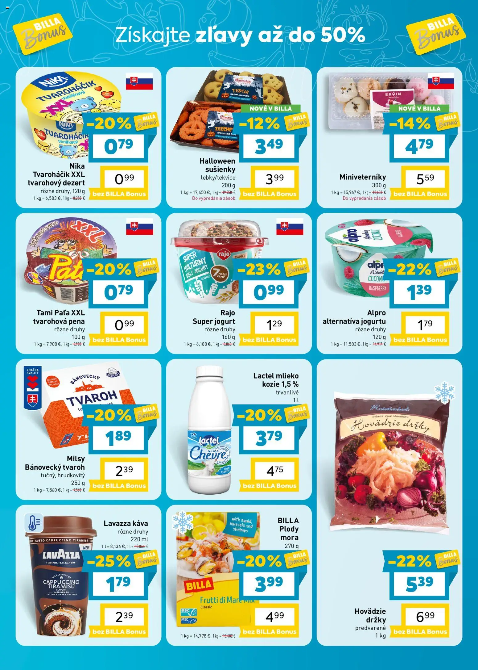 Náhľad Billa letáku platného od 28.10.2026 - Káva, Tvaroh, Mlieko, Lavazza, Jogurt, Alpro, Pena, Sušienky
