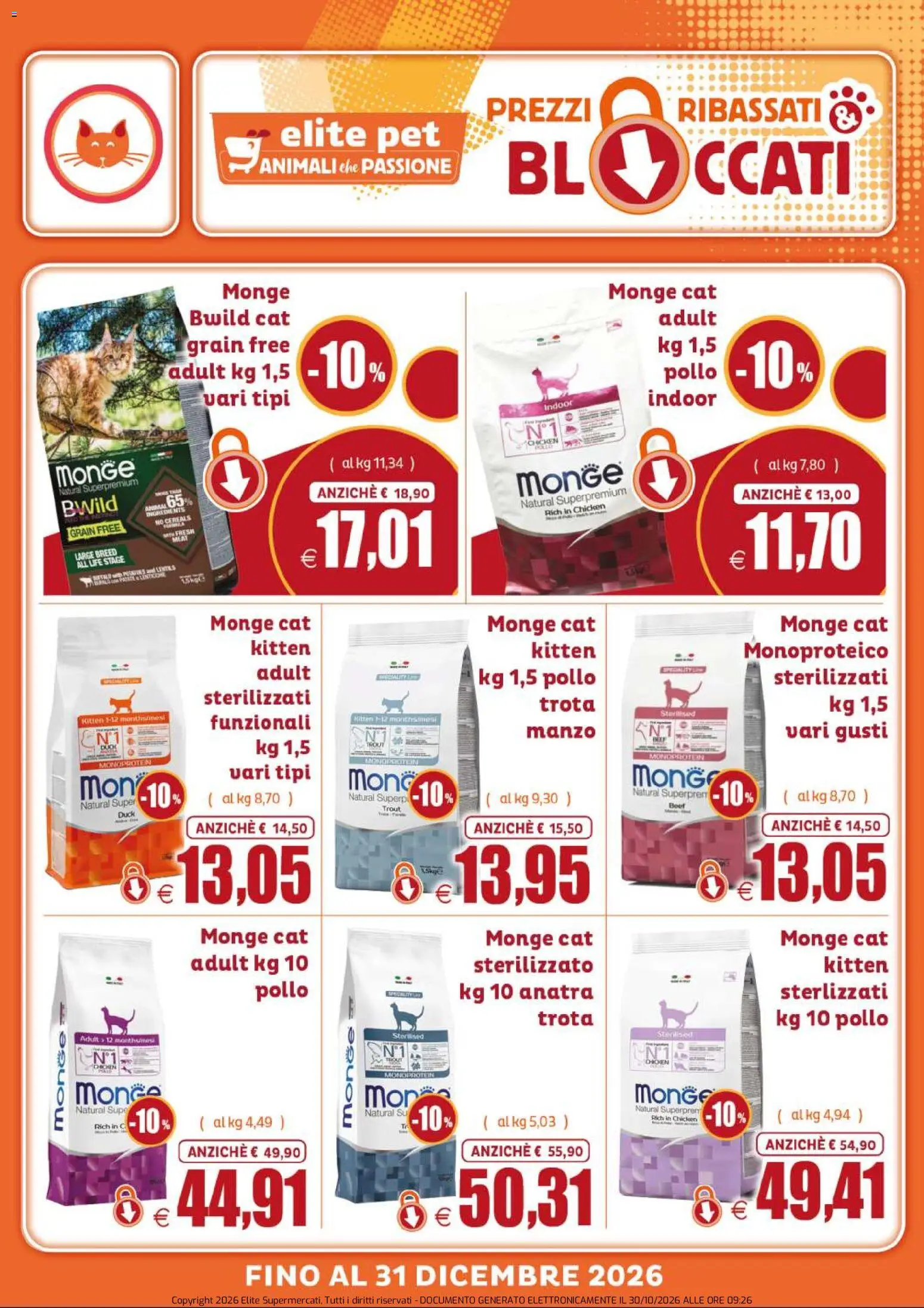 Anteprima dell'opuscolo Elite Supermercati volantino Pet Prezzi ribassati & bloccati dal negozio Elite Supermercati valido da 30/10/2026 - Pollo, Anatra, Manzo, Trota