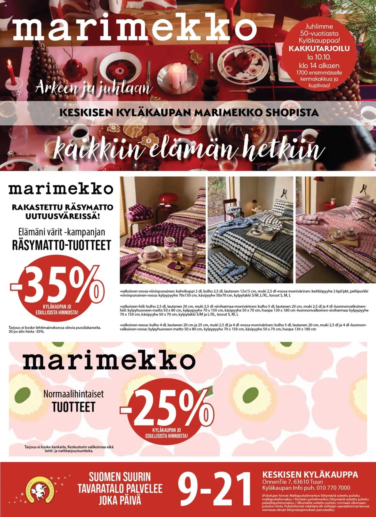 Kaupan Tuuri Tuuri tarjoukset Marimekko esikatselu, voimassa 07/10/2026 - Matto, Kylpytakki, Kylpyhuoneen matto, Muki, Tossut, Lautanen, Huopa