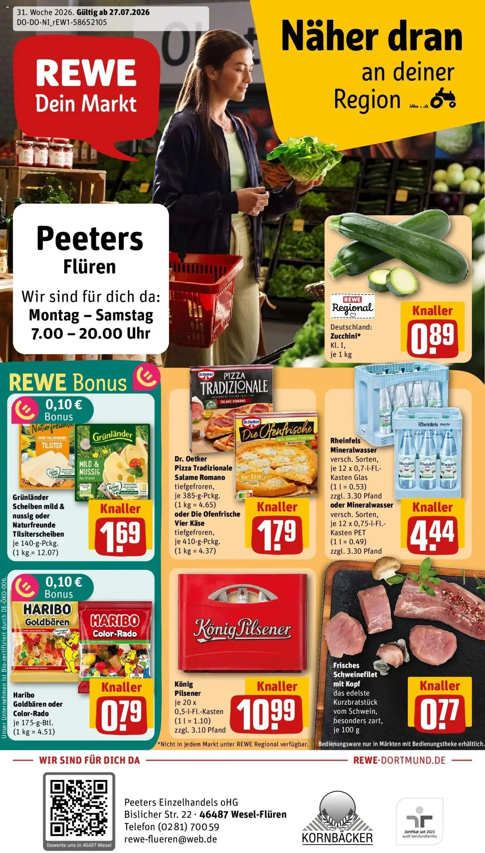 Vorschau von dem Prospekt des Geschäftes Rewe, gültig ab dem 27.07.2026 - Pizza, Uhr, Telefon, Käse, Haribo, Mineralwasser, Schweinefilet, Grunlander