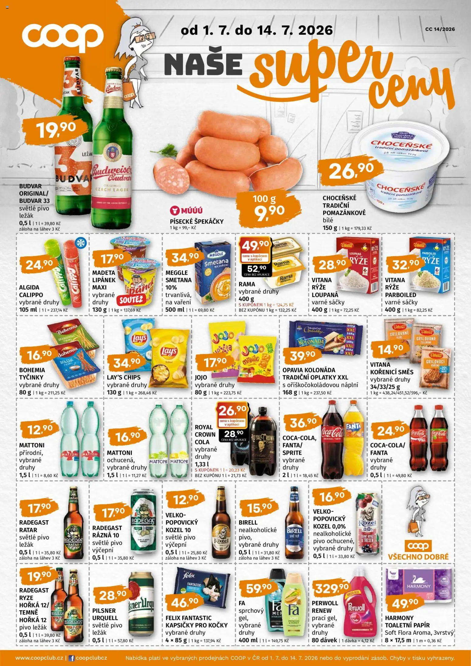Náhled nabídky: Coop Coop leták - Super cena platný od 01.07.2026 - Zelenina, Smetana, Birell, Felix, Budvar, Lay's, Oplatky, Kozel 10