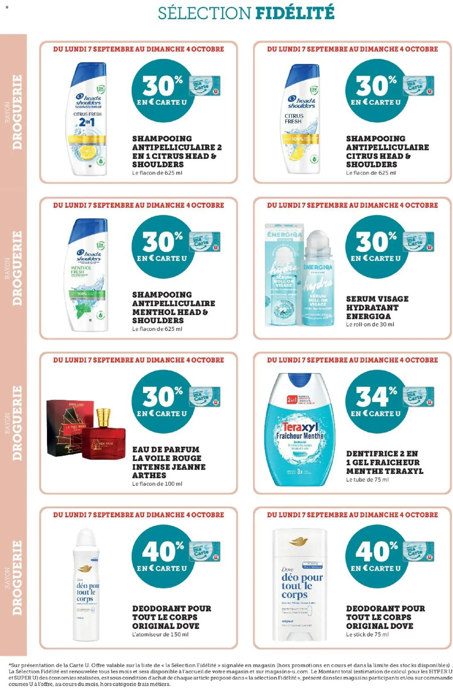 Prévisualisation de Super U - Ma sélection Carte U Septembre du magasin Super U formulaire valide 07/09/2026 - Acide hyaluronique, Dentifrice, Serum, Shampooing, Menthe, Déodorant, Eau de parfum, Head & Shoulders