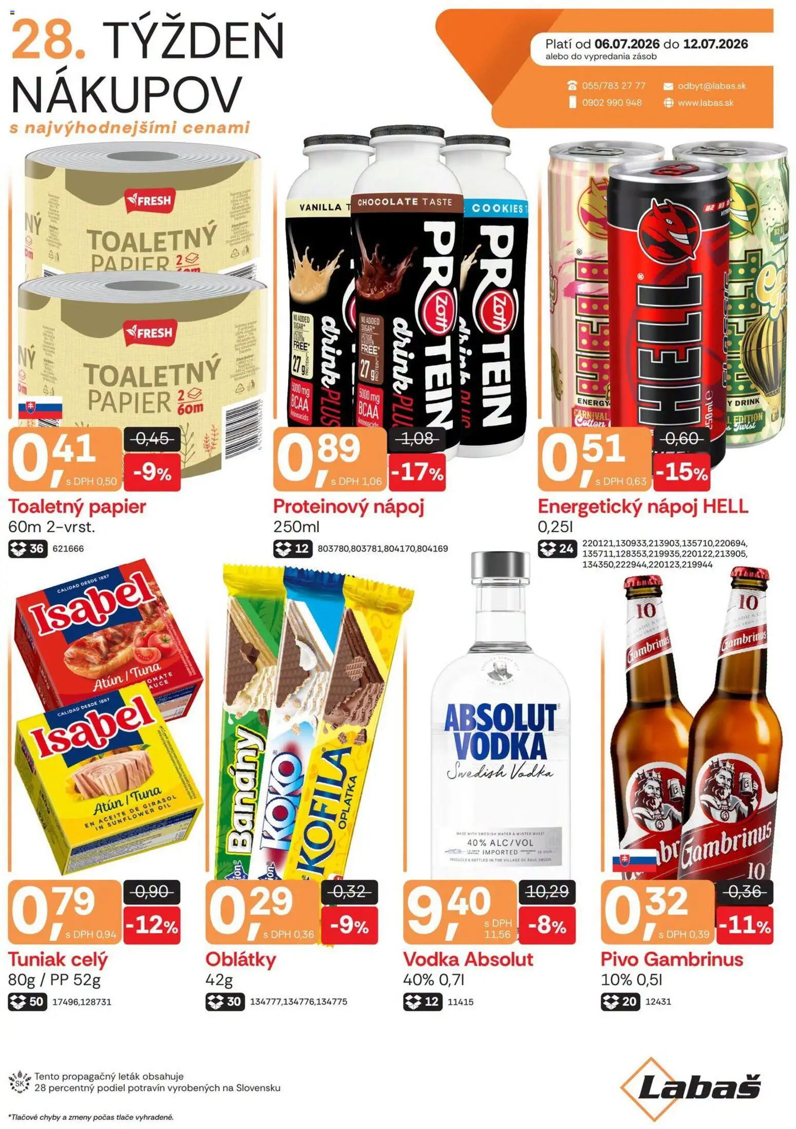 Náhľad Labaš letáku platného od 06.07.2026 - Protein, Pivo, Vodka, Tuniak, Toaletný papier, Gambrinus, Banány, Proteínový nápoj