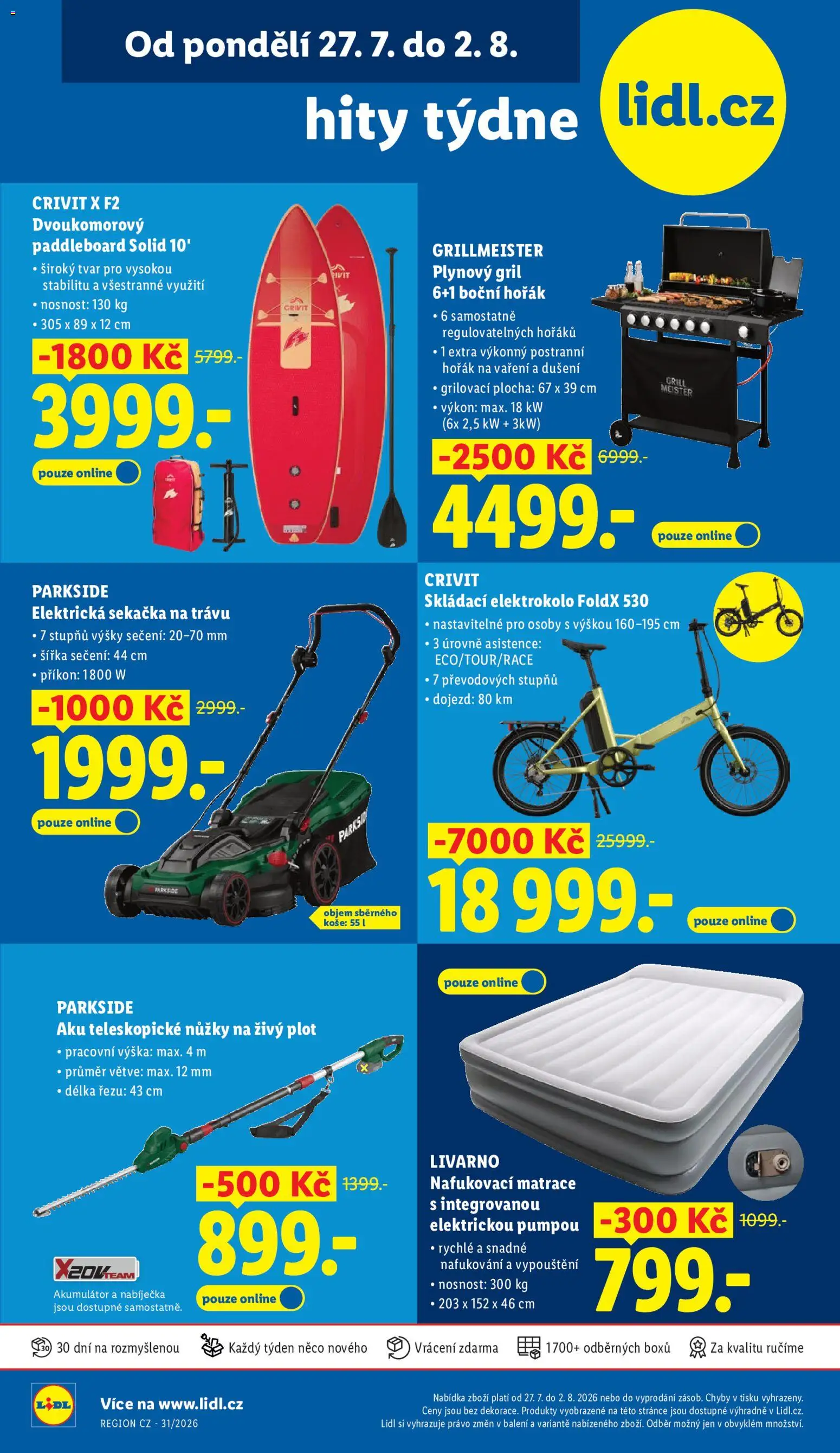 Náhled nabídky: Lidl Lidl leták - Hity týdne platný od 27.07.2026 - Parkside, Paddleboard, Elektrokolo, Matrace, Gril, Nafukovací matrace, Sekačka, Nůžky