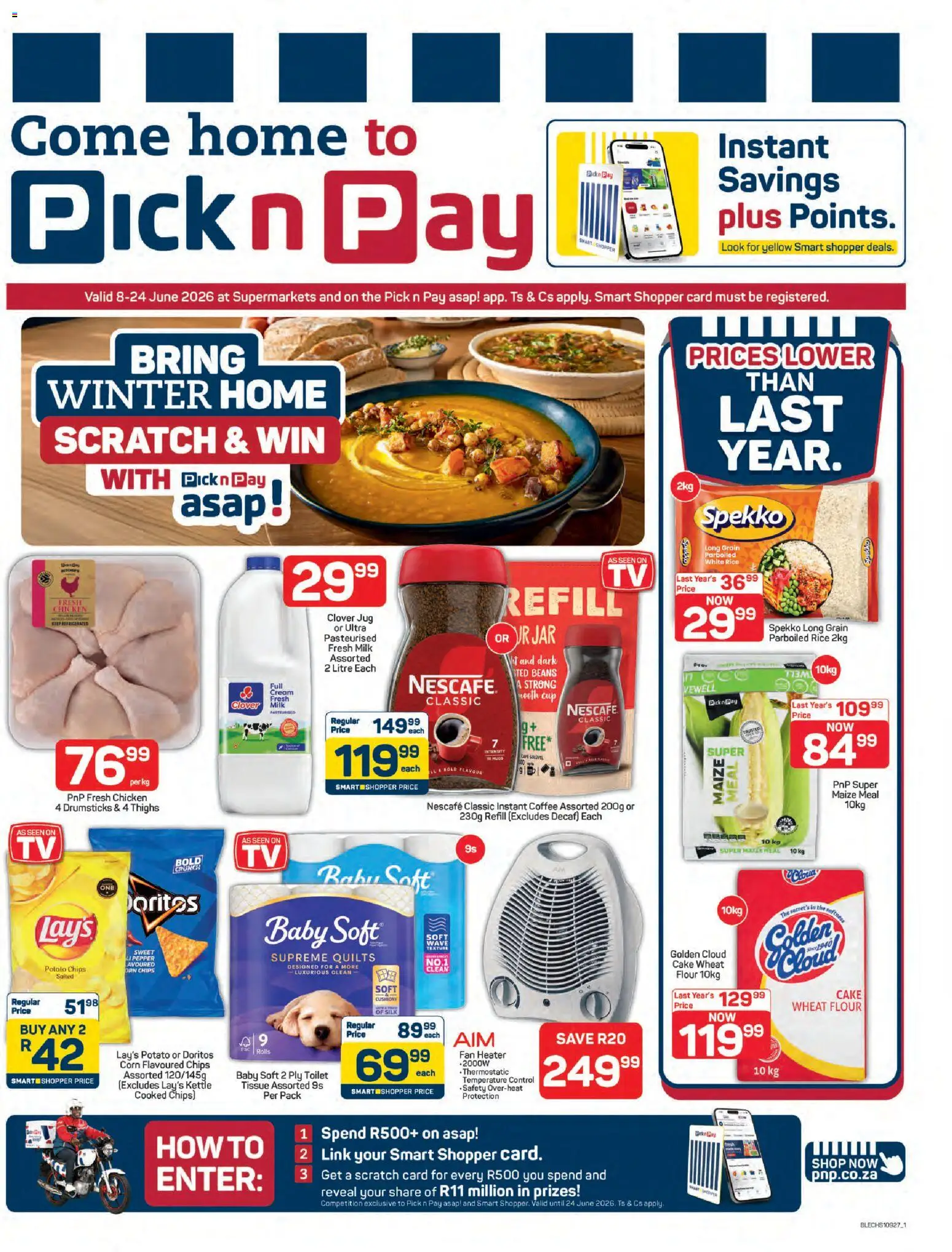Preview of Pick n Pay flyer valid from 08/06/2026 - Coffee, Fan, Cake, Heater, Toilet, Cream, Maize meal, Thighs