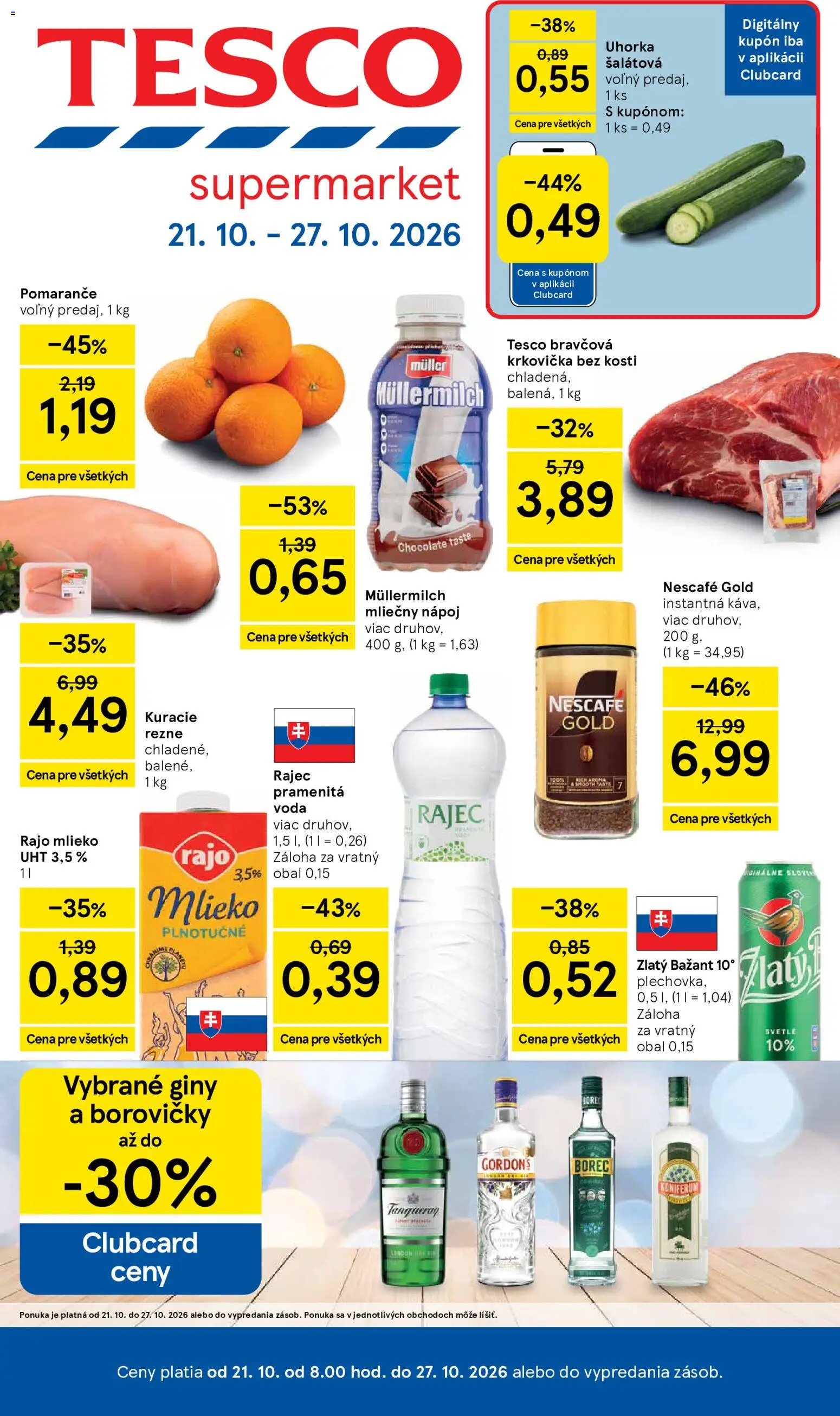Náhľad Tesco letáku platného od 21.10.2026 - Rajec, Kuracie rezne, Uhorka, Rezne, Instantná káva, Nescafé Gold, Pomaranče, Pramenitá voda