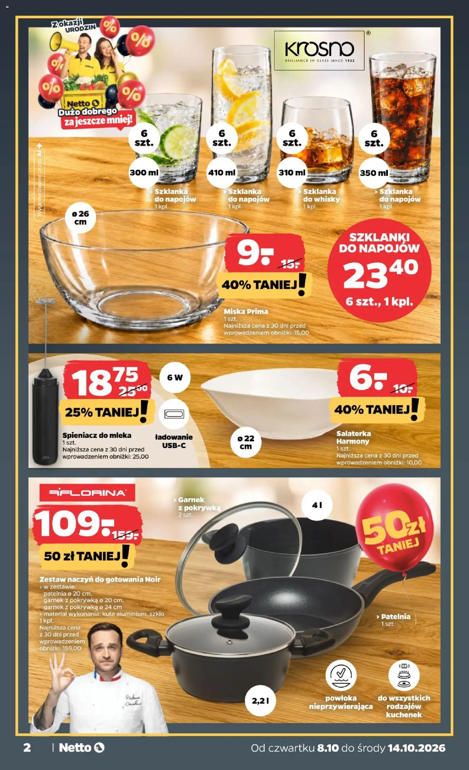 Pogląd gazetki "Netto gazetka od czwartku NonFood" ze sklepu Netto ważnej od 08.10.2026 - Whisky, Spieniacz do mleka, Patelnia, Szklanka, Szklanki, Garnek, Mleka, Zestaw naczyń