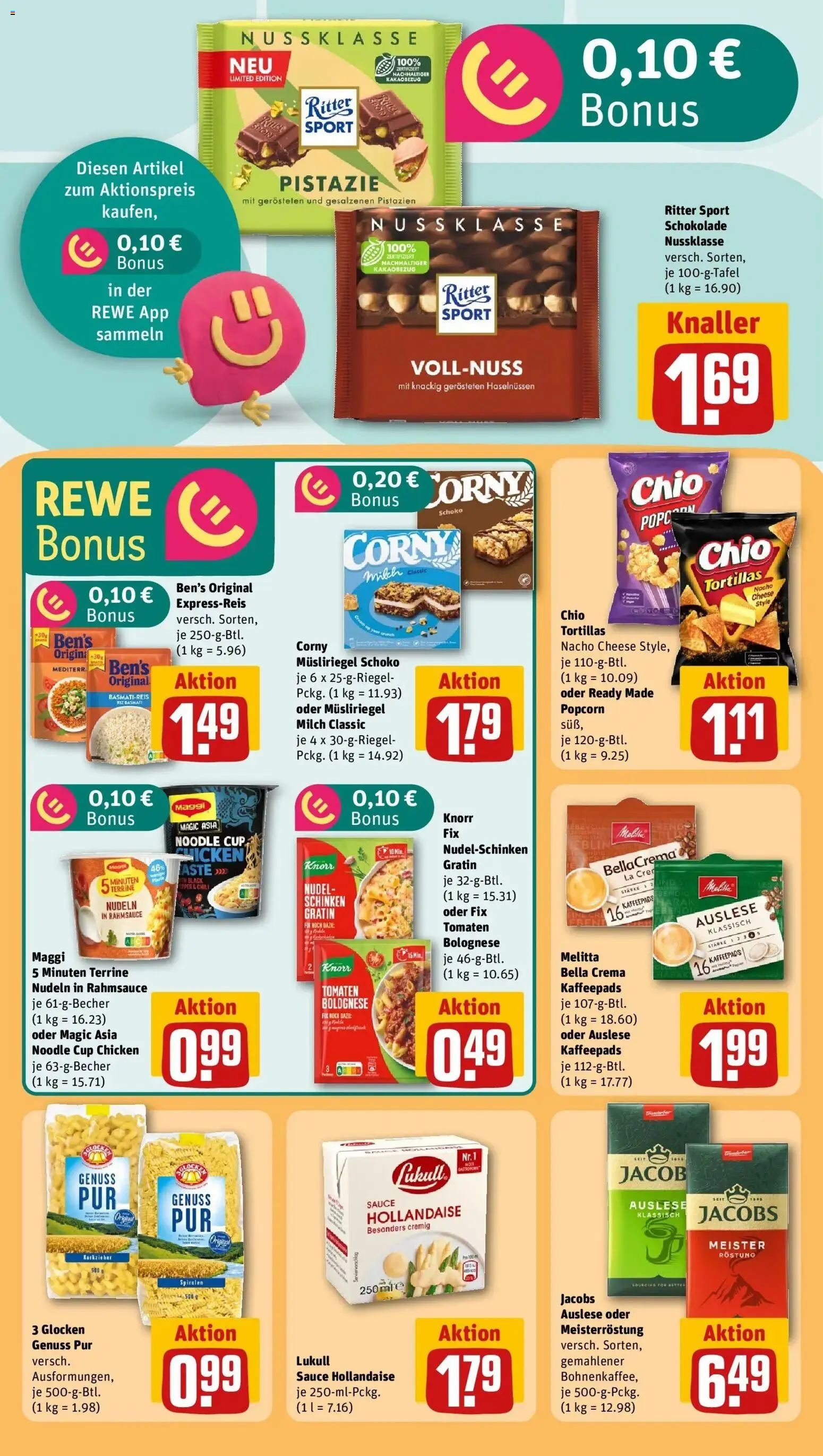 Vorschau von dem Prospekt des Geschäftes Rewe, gültig ab dem 05.04.2026 - Schokolade, Tortillas, Pistazien, Ritter sport, Reis, Melitta, Kaffeepads, Maggi 5 minuten terrine