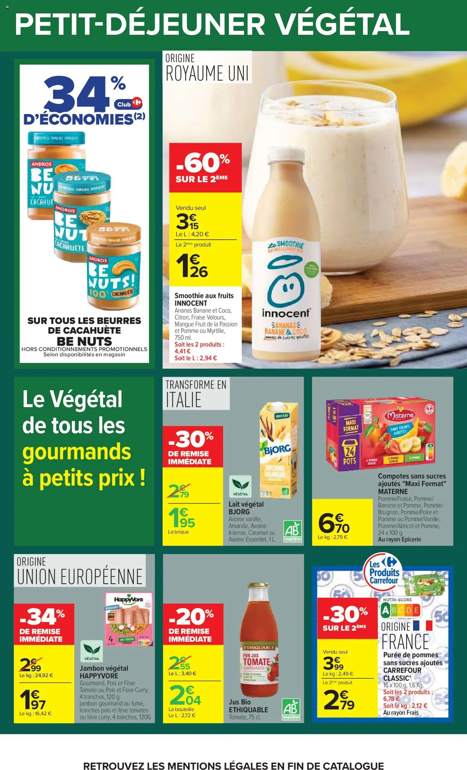 Prévisualisation de Carrefour Petit déjeuner du magasin Carrefour formulaire valide 03/11/2026 - Coco, Smoothie, Tomate, Tomates, Mangue, Brique, Bjorg, Pommes
