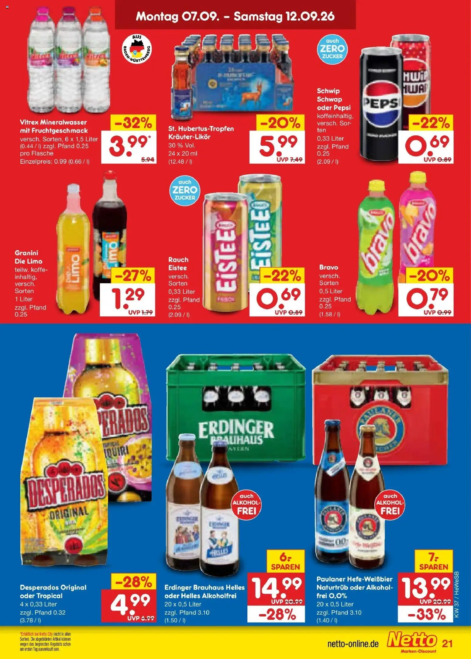 Vorschau von dem Prospekt des Geschäftes Netto Marken-Discount, gültig ab dem 07.09.2026 - Alkohol, Zucker, Desperados, Paulaner, Pepsi, Schwip schwap, Granini, Granini die limo
