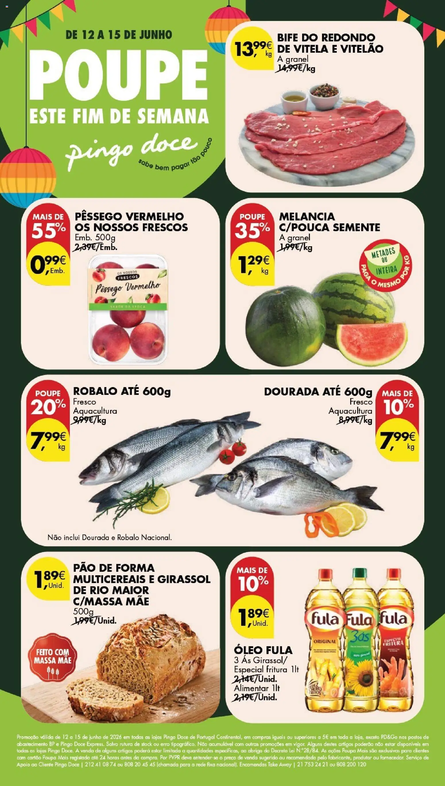 Pré-visualização do folheto da loja Pingo Doce válida a partir de 12/06/2026 - Pão, Dourada, Massa, Melancia, Vitela, Óleo, Pão de forma, Bife
