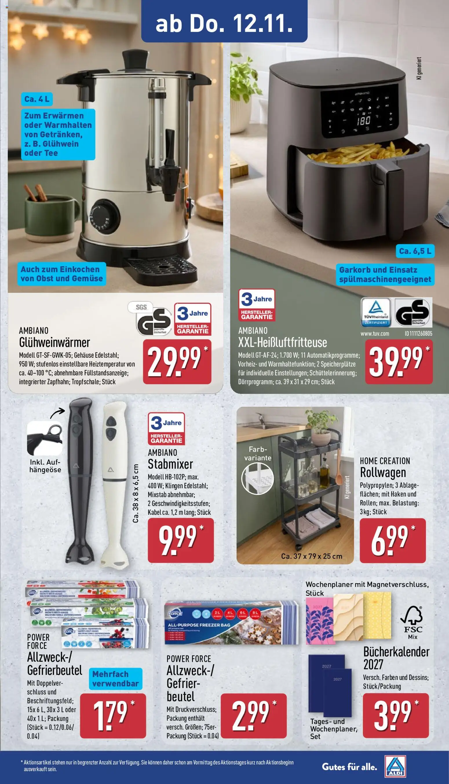 Vorschau von dem Prospekt des Geschäftes Aldi, gültig ab dem 09.11.2026 - Tee, Gemüse, Obst, Stabmixer, Kabel, Home creation, Mixstab