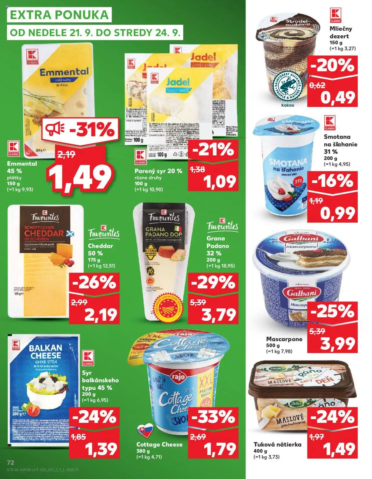 Náhľad Kaufland letáku platného od 18.09.2025 - Protein, Syr, Mascarpone, Smotana na šľahanie, Kakao, Cheddar, Smotana, Nátierka
