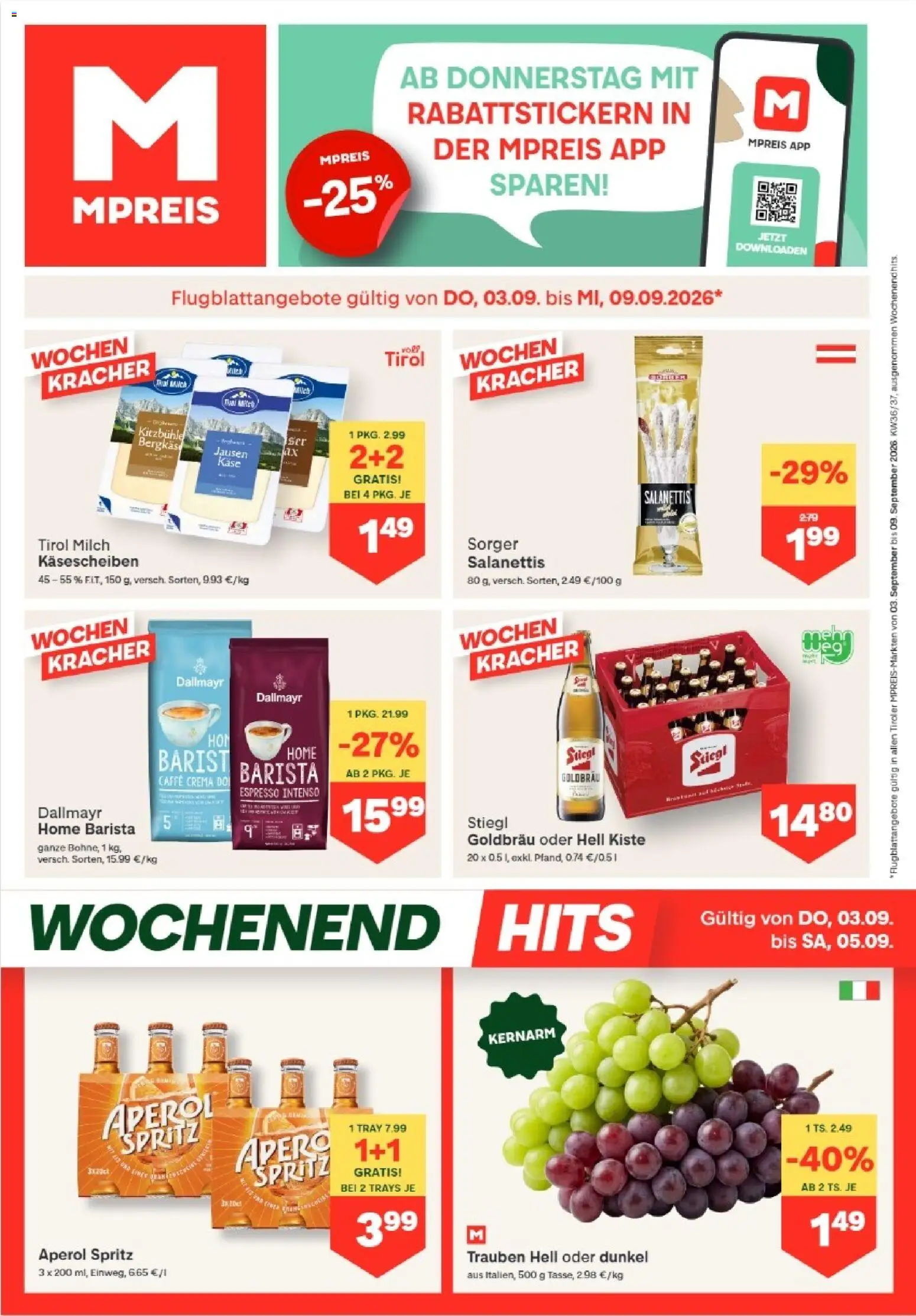 Vorschau der Angebote: MPREIS MPREIS Absam gültig ab 03.09.2026 - Aperol, Milch, Käse