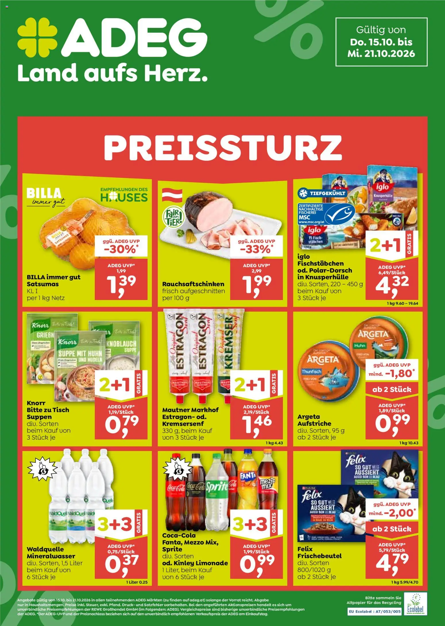 Vorschau der Angebote: ADEG ADEG Flugblatt gültig ab 15.10.2026 - Fisch, Mineralwasser, Knoblauch, Tisch, Fanta