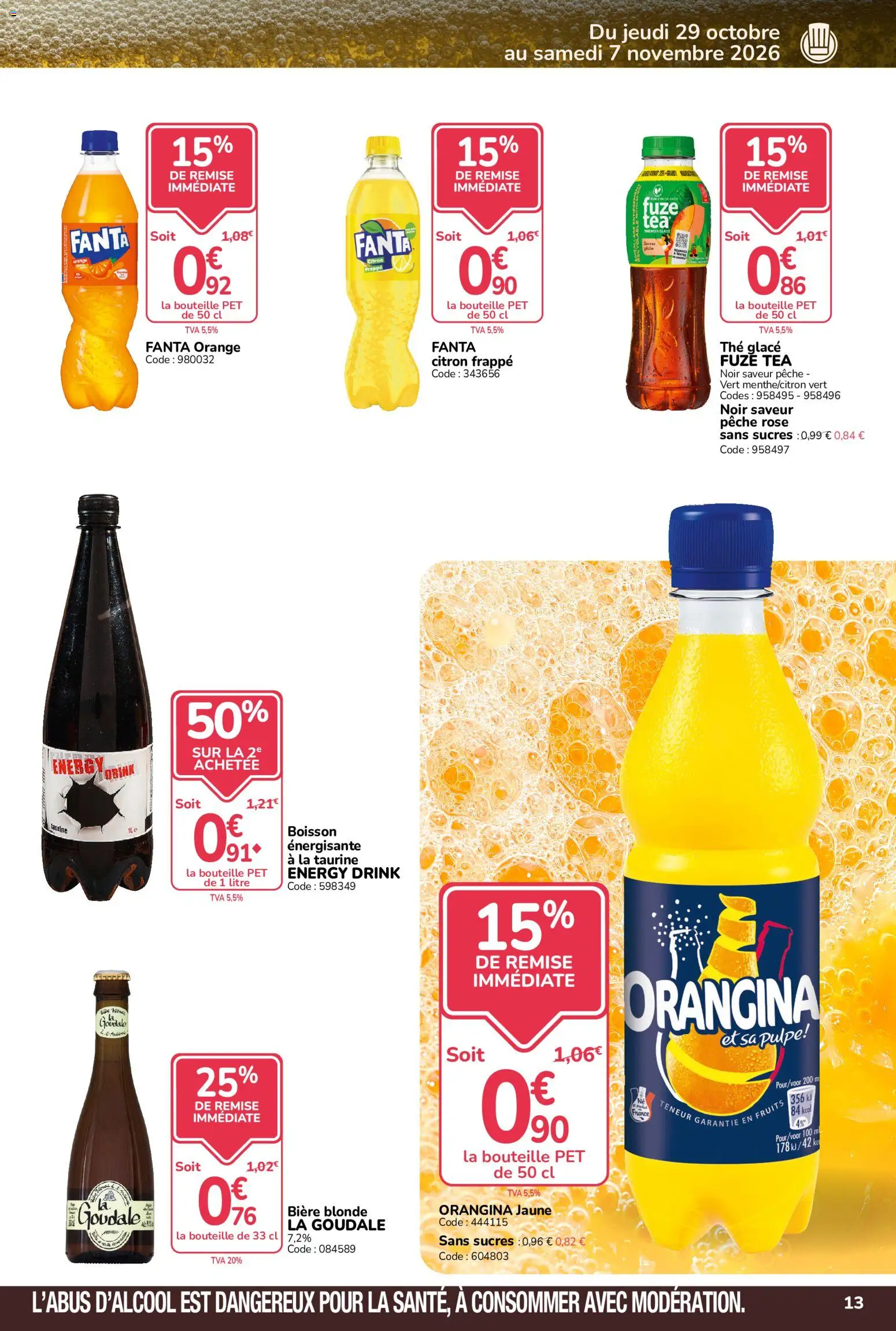 Prévisualisation de Promocash catalogue Rendez-vous Promos du magasin Promocash formulaire valide 29/10/2026 - Orange, Pêche, Thé, Orangina, Fuze Tea, Fanta, Bouteille, Biere blonde la goudale
