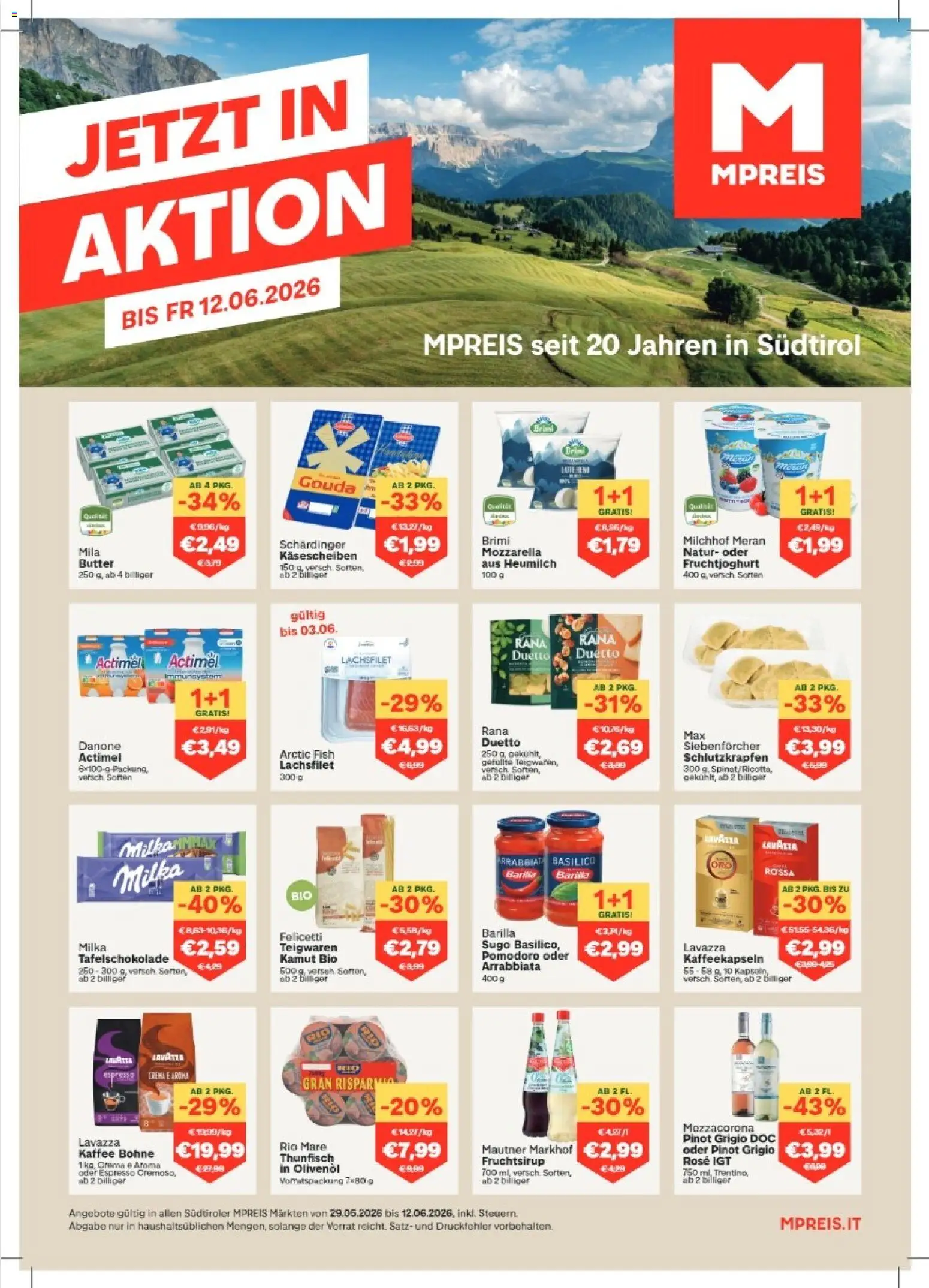 Vorschau der Angebote: MPREIS MPREIS Algund gültig ab 29.05.2026 - Kaffee, Butter, Barilla, Lachsfilet, Bohne