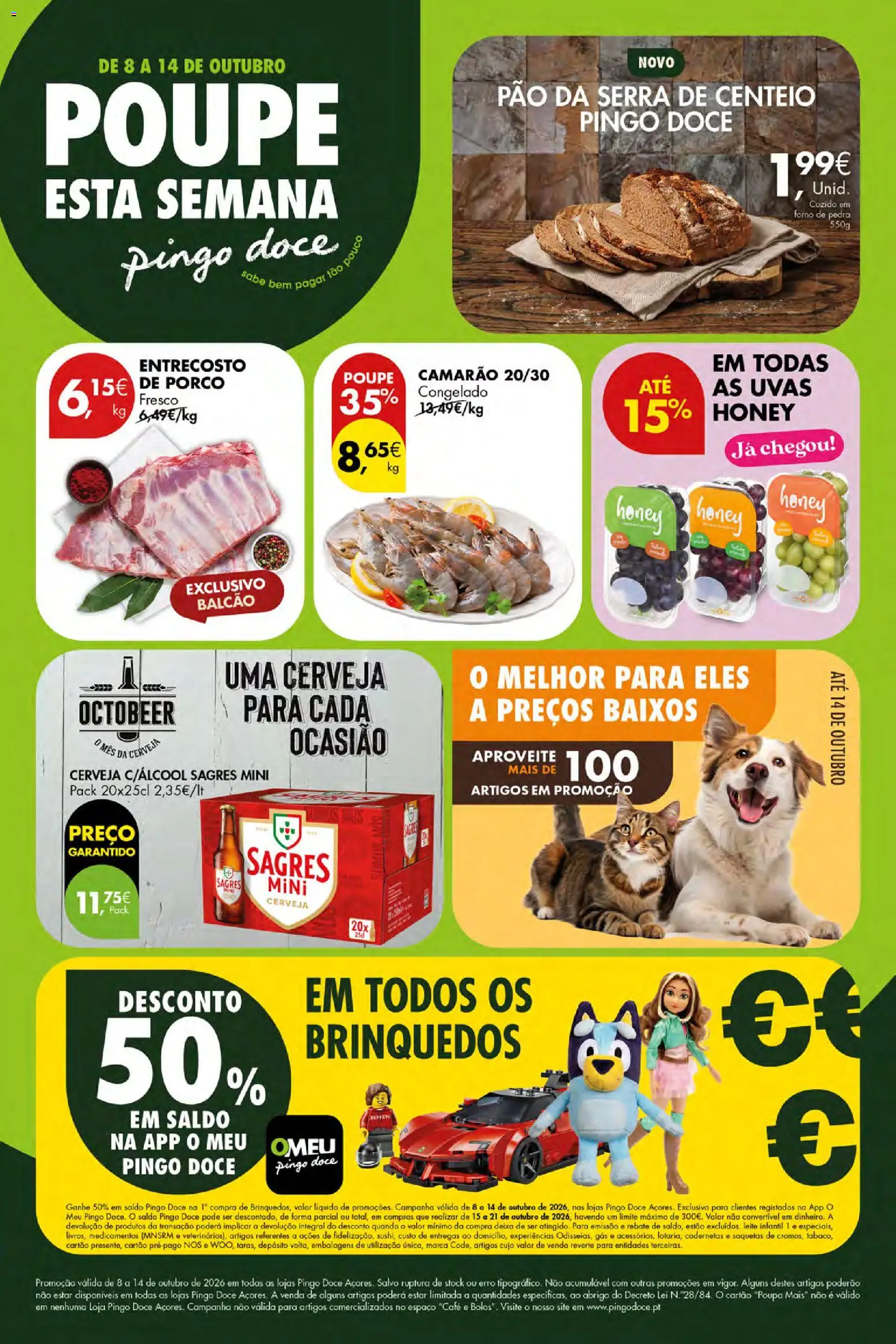 Pré-visualização do folheto da loja Pingo Doce válida a partir de 08/10/2026 - Café, Pão, Camarão, Forno, Uvas, Leite, Centeio, Leite infantil