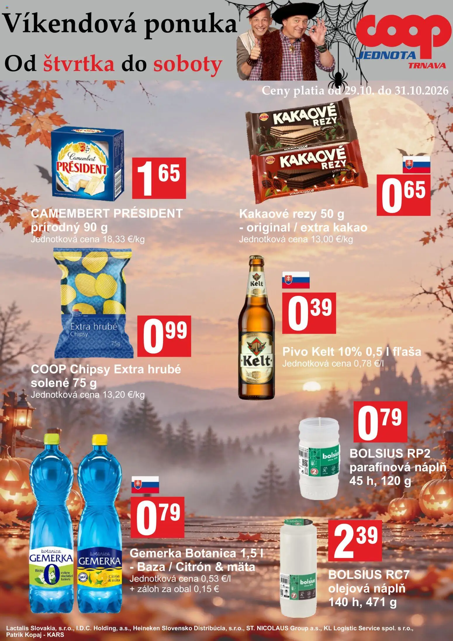 Náhľad COOP Jednota letáku platného od 29.10.2026 - Pivo, Heineken, Kakao, Camembert, Chipsy, Kelt, Gemerka