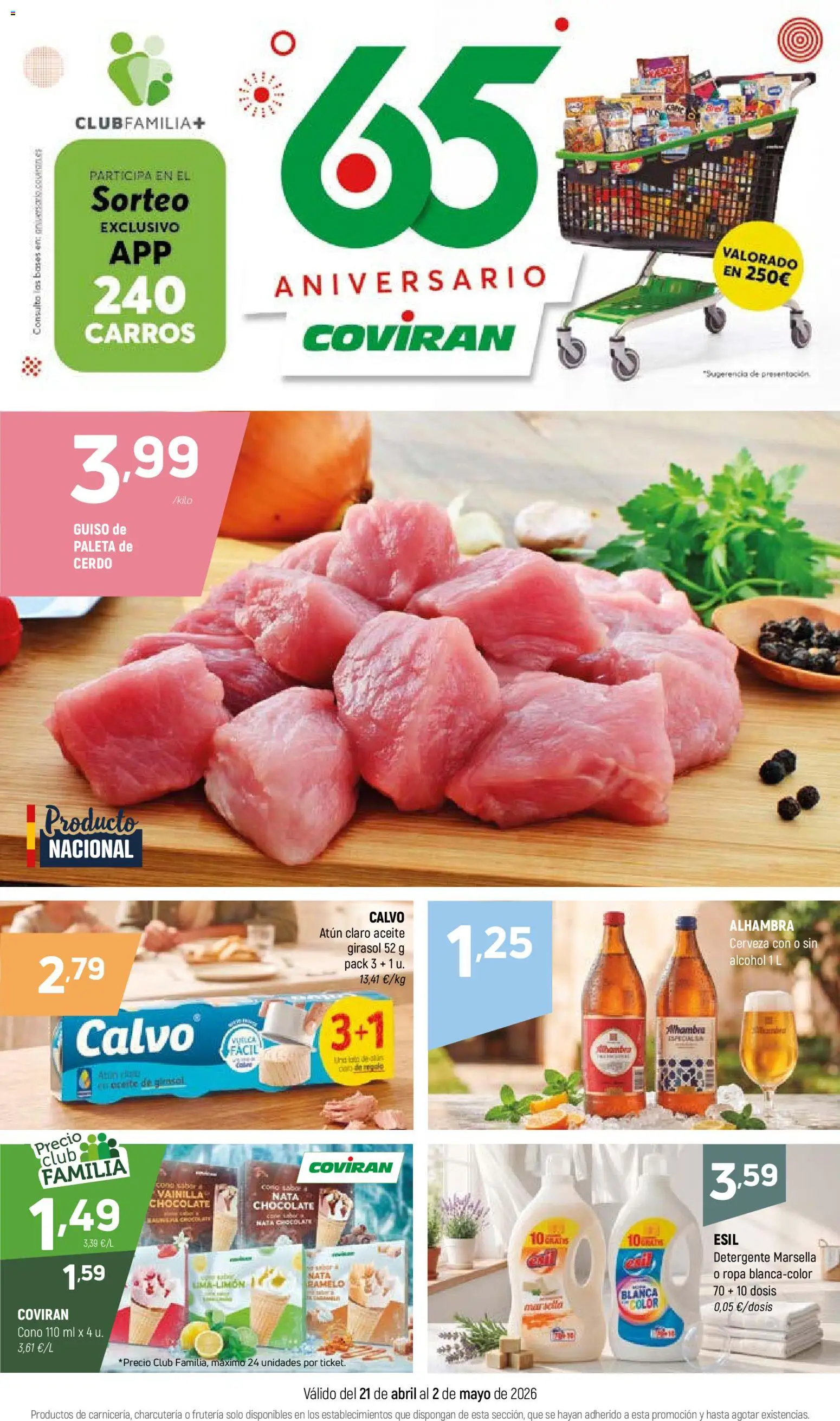 Vista previa del folleto de la tienda Coviran válido desde el 21/04/2026 - Chocolate, Cerveza, Aceite, Cerdo, Atún, Detergente, Paleta de cerdo, Atún claro
