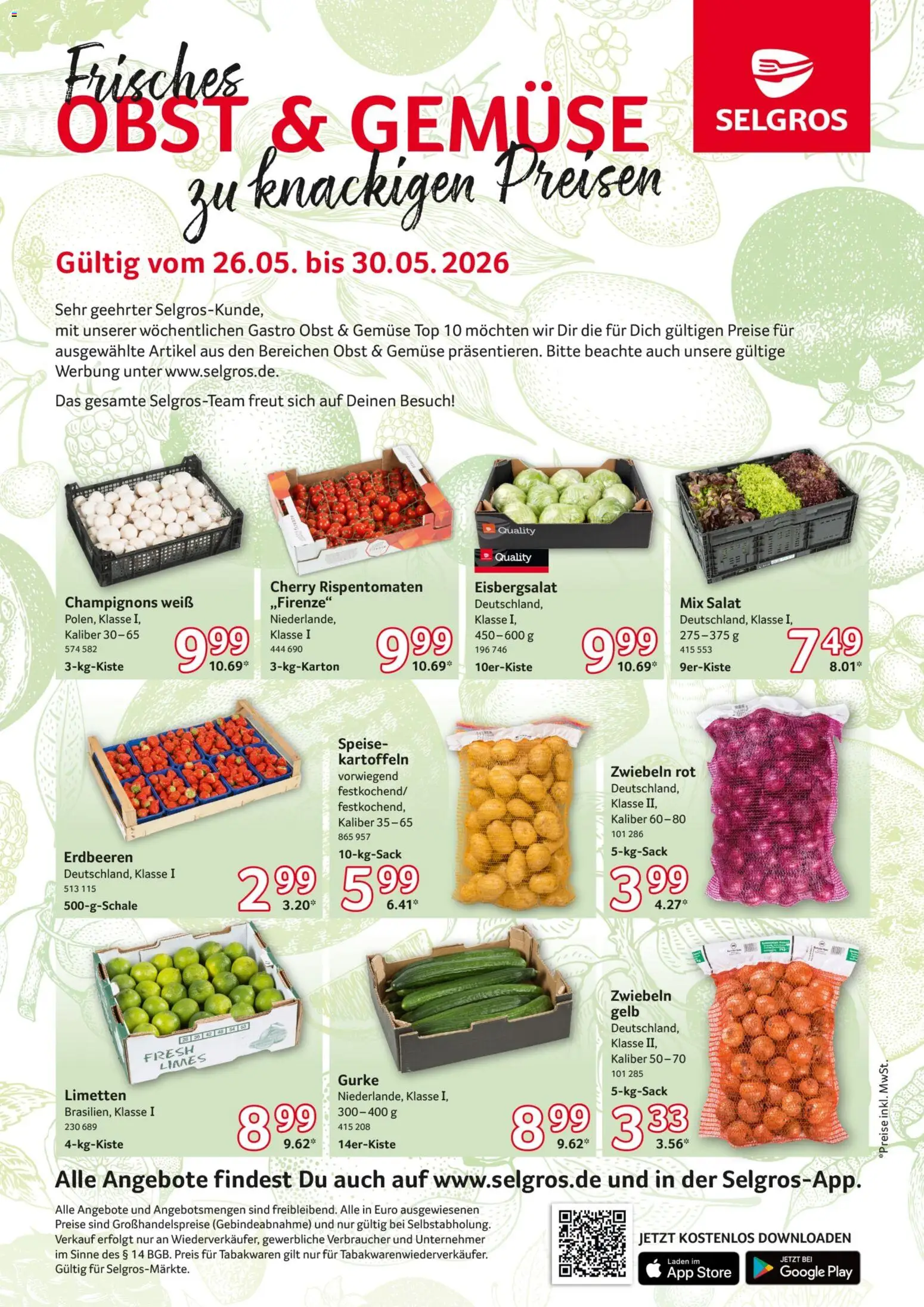 Vorschau von dem Prospekt des Geschäftes Selgros, gültig ab dem 26.05.2026 - Erdbeeren, Gemüse, Top, Obst, Champignons, Eisbergsalat, Kartoffeln, Zwiebeln