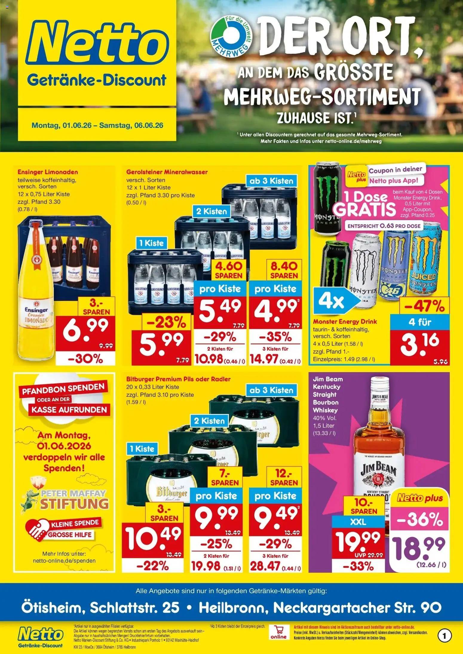 Vorschau von dem Prospekt des Geschäftes Netto Marken-Discount, gültig ab dem 01.06.2026 - Monster, Mineralwasser, Jim beam, Bitburger, Radler, Limonade, Orangen, Pils