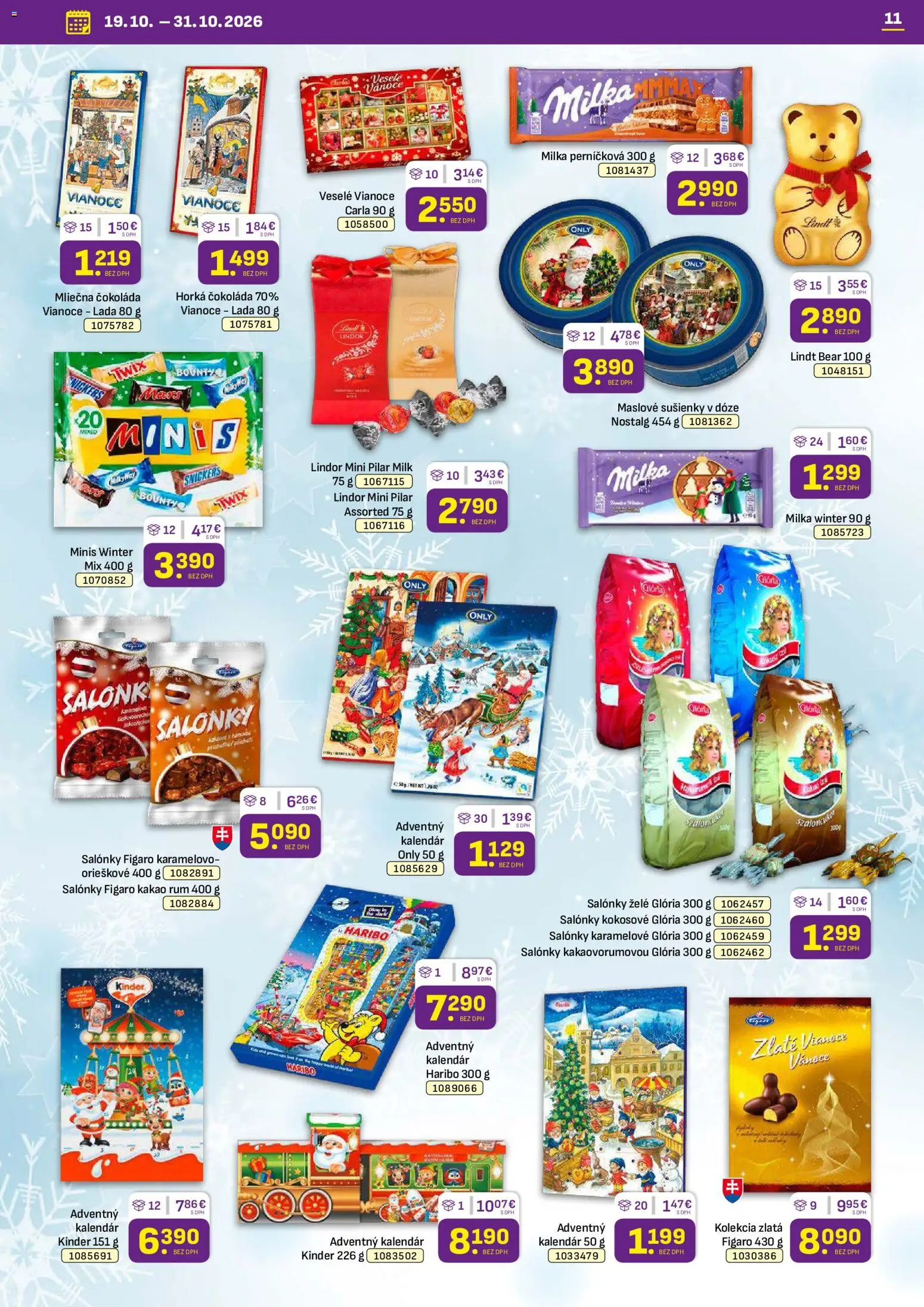Náhľad Libex letáku platného od 19.10.2026 - Čokoláda, Adventný kalendár, Lindt, Kinder, Kakao, Snickers, Sušienky, Maslove sušienky