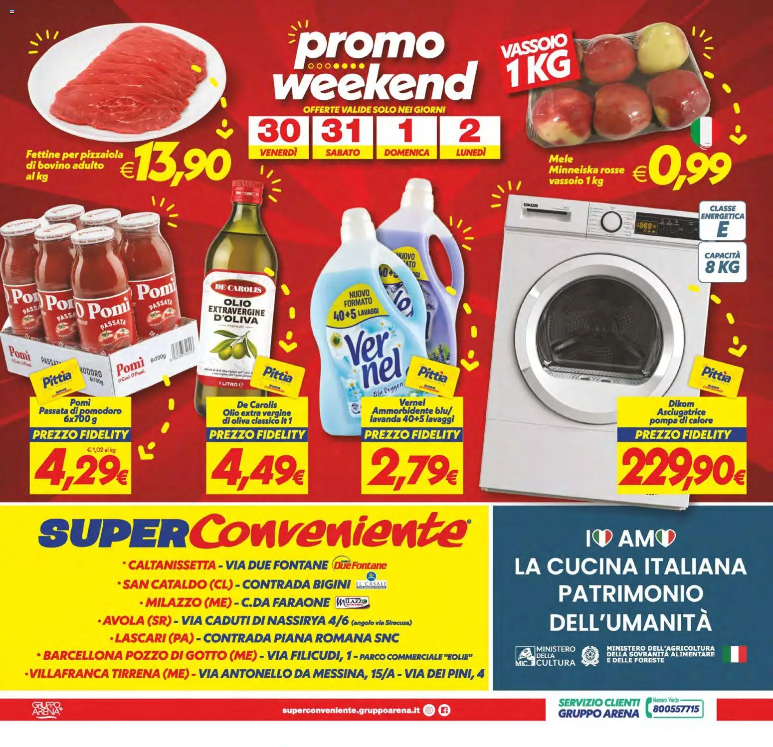 Anteprima dell'opuscolo SuperConveniente volantino Caltanissetta, San Cataldo, Avola, Lascari, Milazzo, Barcellona dal negozio SuperConveniente valido da 23/10/2026 - Asciugatrice, Pomodoro, Olio, Lavanda, Bovino, Mele, Vassoio, Olio extra vergine