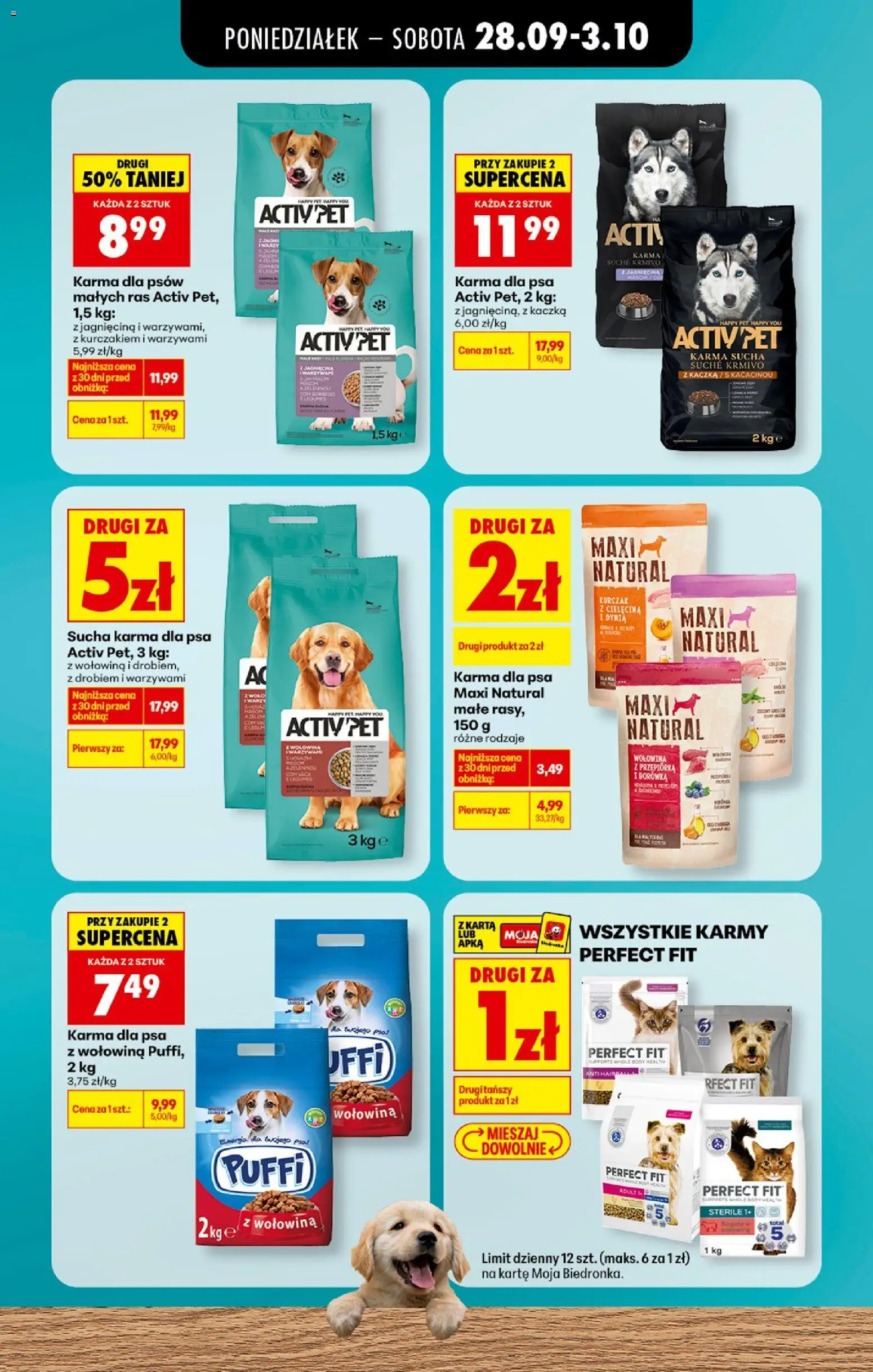 Pogląd gazetki "Biedronka gazetka - Petfood" ze sklepu Biedronka ważnej od 28.09.2026 - Kaczka, Karma dla psa, Karma dla kota, Wołowina, Karta, Karma dla psów, Cielęcina, Perfect Fit