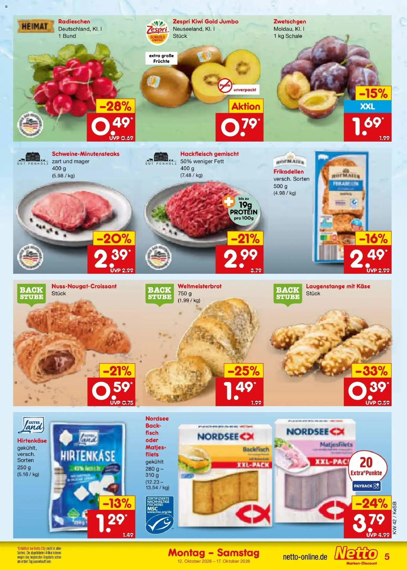 Vorschau von dem Prospekt des Geschäftes Netto Marken-Discount, gültig ab dem 12.10.2026 - Käse, Fisch, Kiwi, Hackfleisch, Zwetschgen