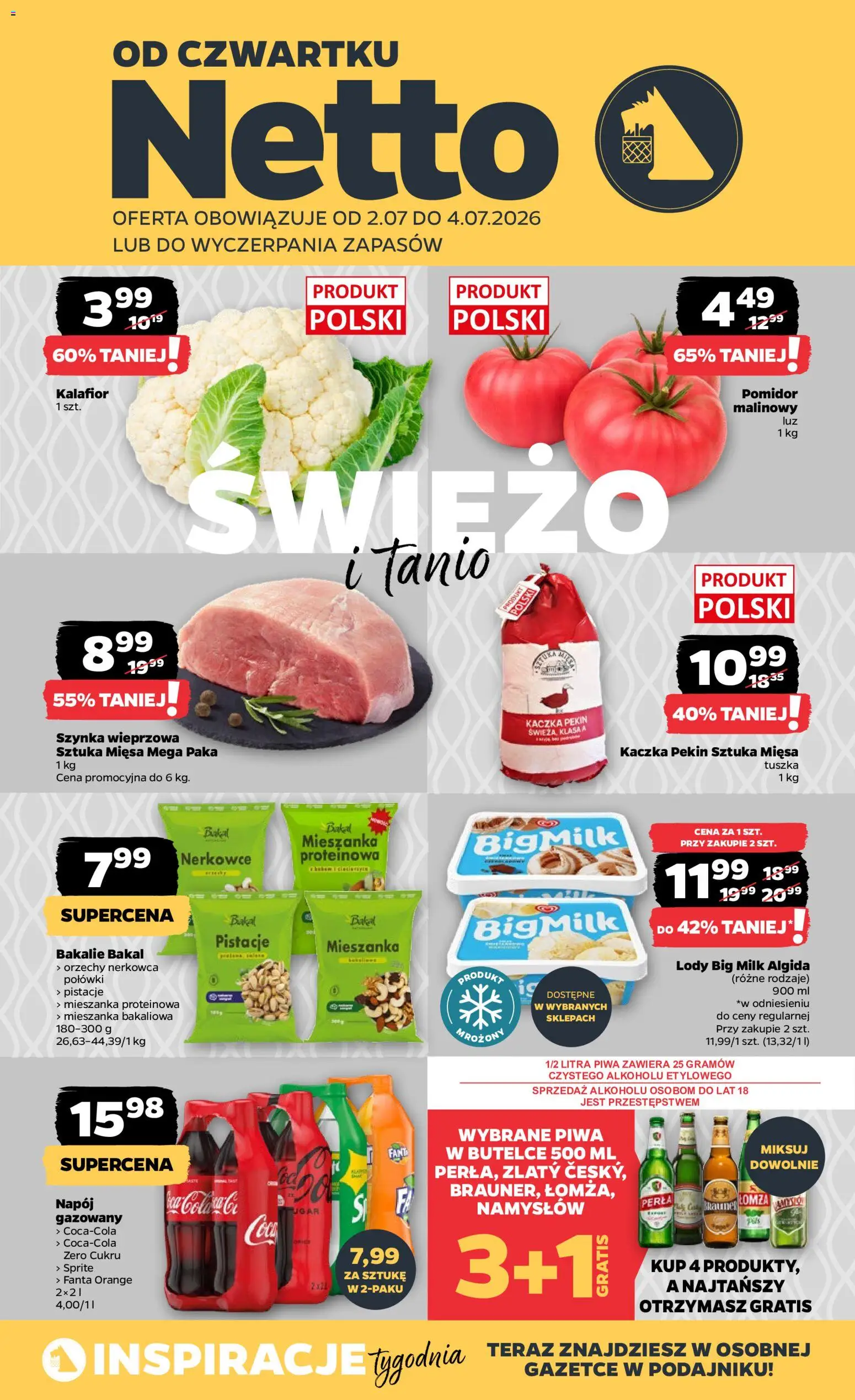 Pogląd gazetki "Netto gazetka od czwartku spożywcza" ze sklepu Netto ważnej od 02.07.2026 - Lody, Pistacje, Kalafior, Orzechy, Sprite, Big Milk, Pomidor malinowy, Mieszanka bakaliowa