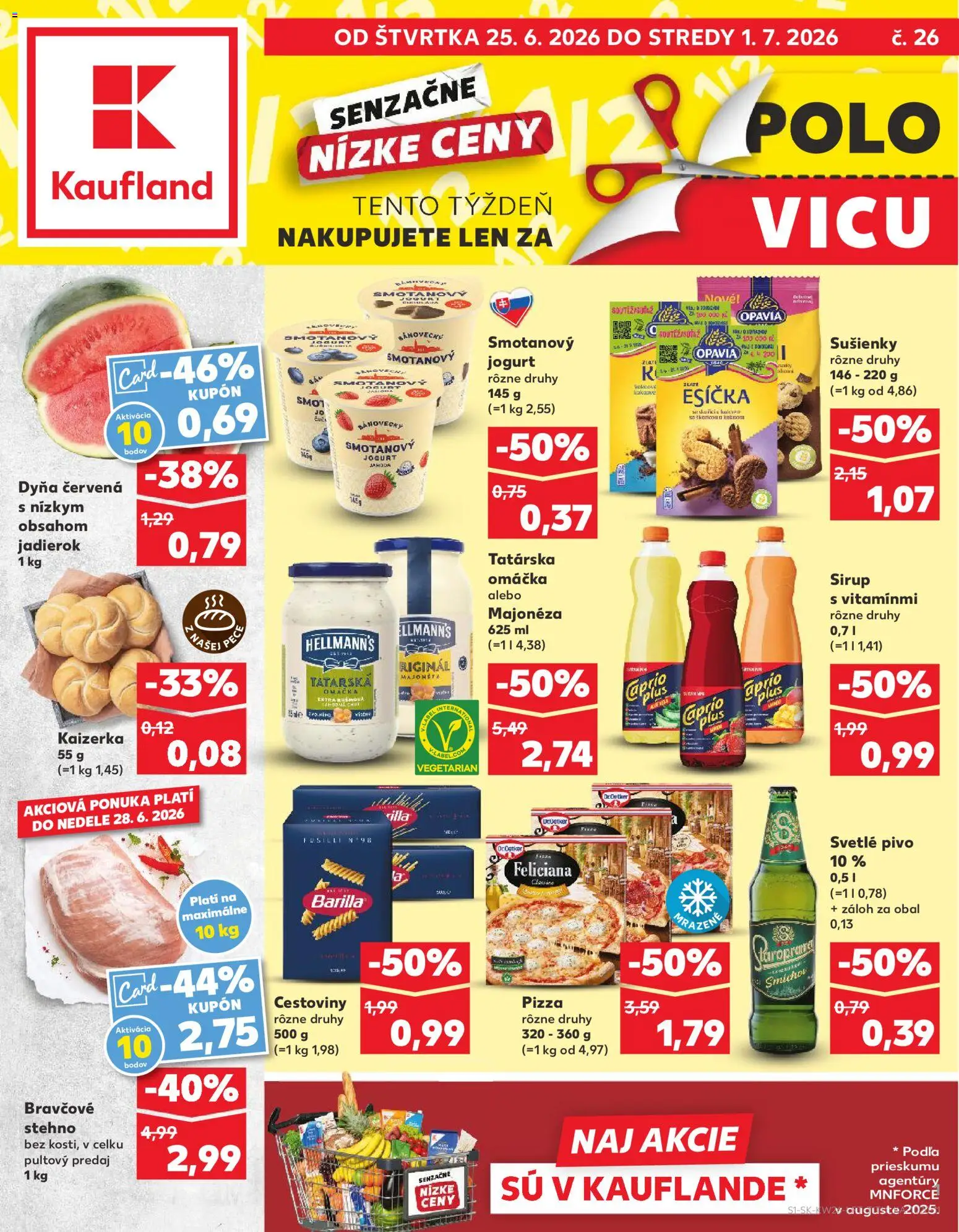 Náhľad Kaufland letáku platného od 25.06.2026 - Pizza, Cestoviny, Fusilli, Sirup, Tatárska omáčka, Omáčka, Sušienky, Smotanový jogurt