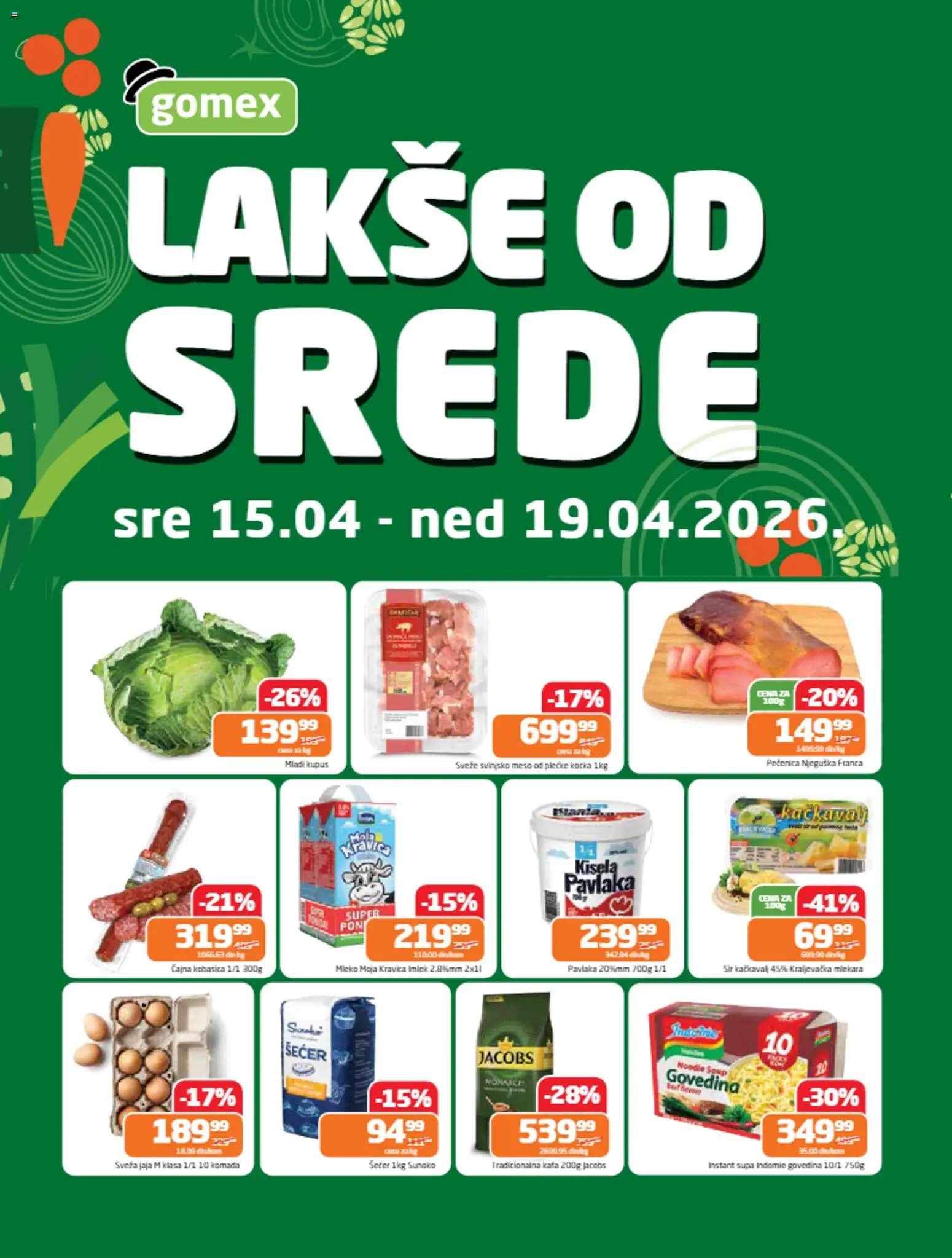 Pregled Gomex kataloga - važi od 15.04.2026 - Kafa, Kačkavalj, Šećer, Jaja, Moja kravica, Meso, Sir, Kobasica