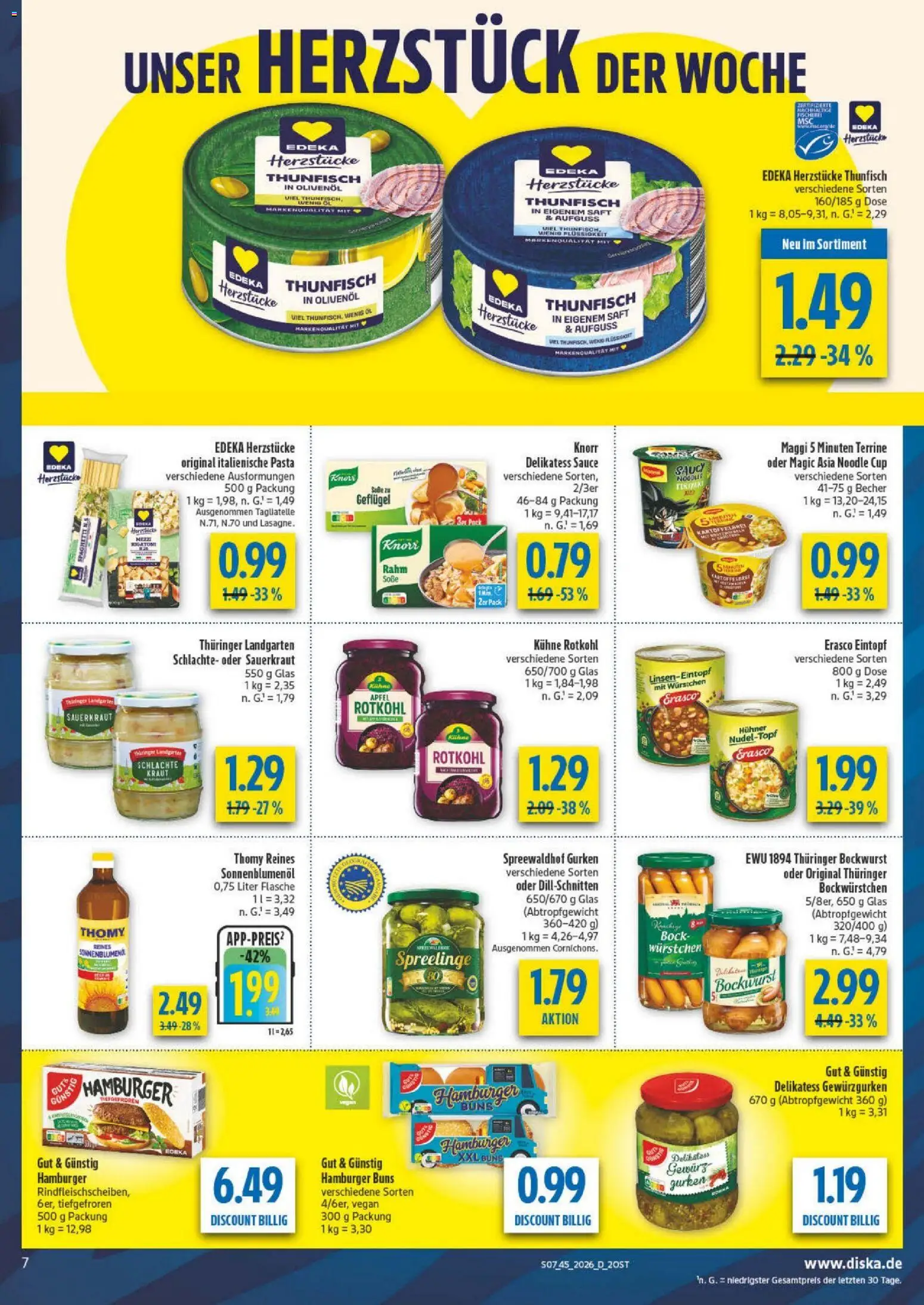 Vorschau von dem Prospekt des Geschäftes Diska, gültig ab dem 02.11.2026 - Pasta, Thunfisch, Rotkohl, Knorr, Saft, Kraut, Erasco, Maggi 5 minuten terrine