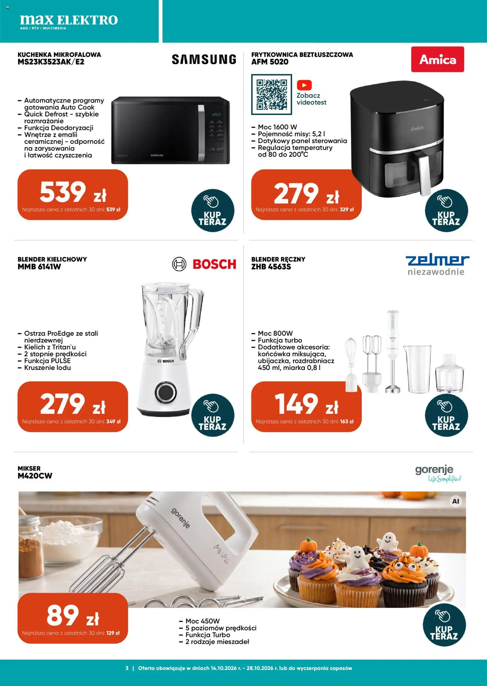Pogląd gazetki "Max elektro gazetka" ze sklepu Max elektro ważnej od 14.10.2026 - Frytkownica beztłuszczowa, Blender, Blender kielichowy, Blender ręczny, Mikser, Frytkownica, Kuchenka mikrofalowa, Kuchenka