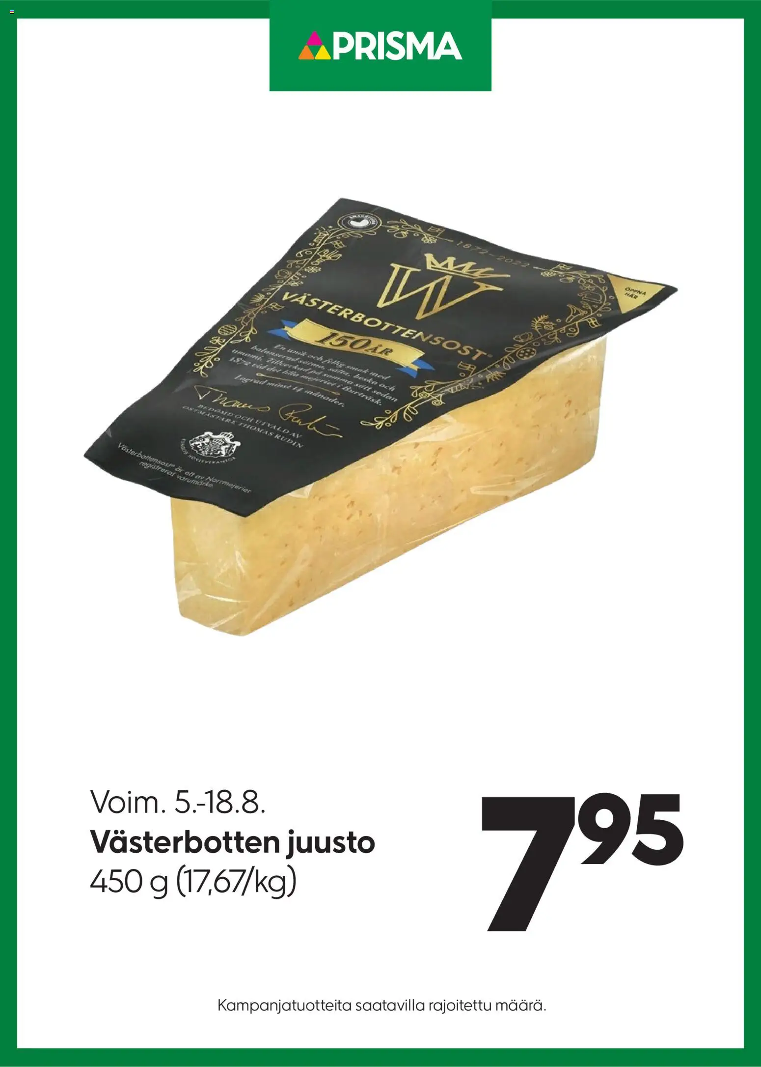Kaupan Prisma Prisma tarjoukset Västerbotten juusto esikatselu, voimassa 05/08/2026