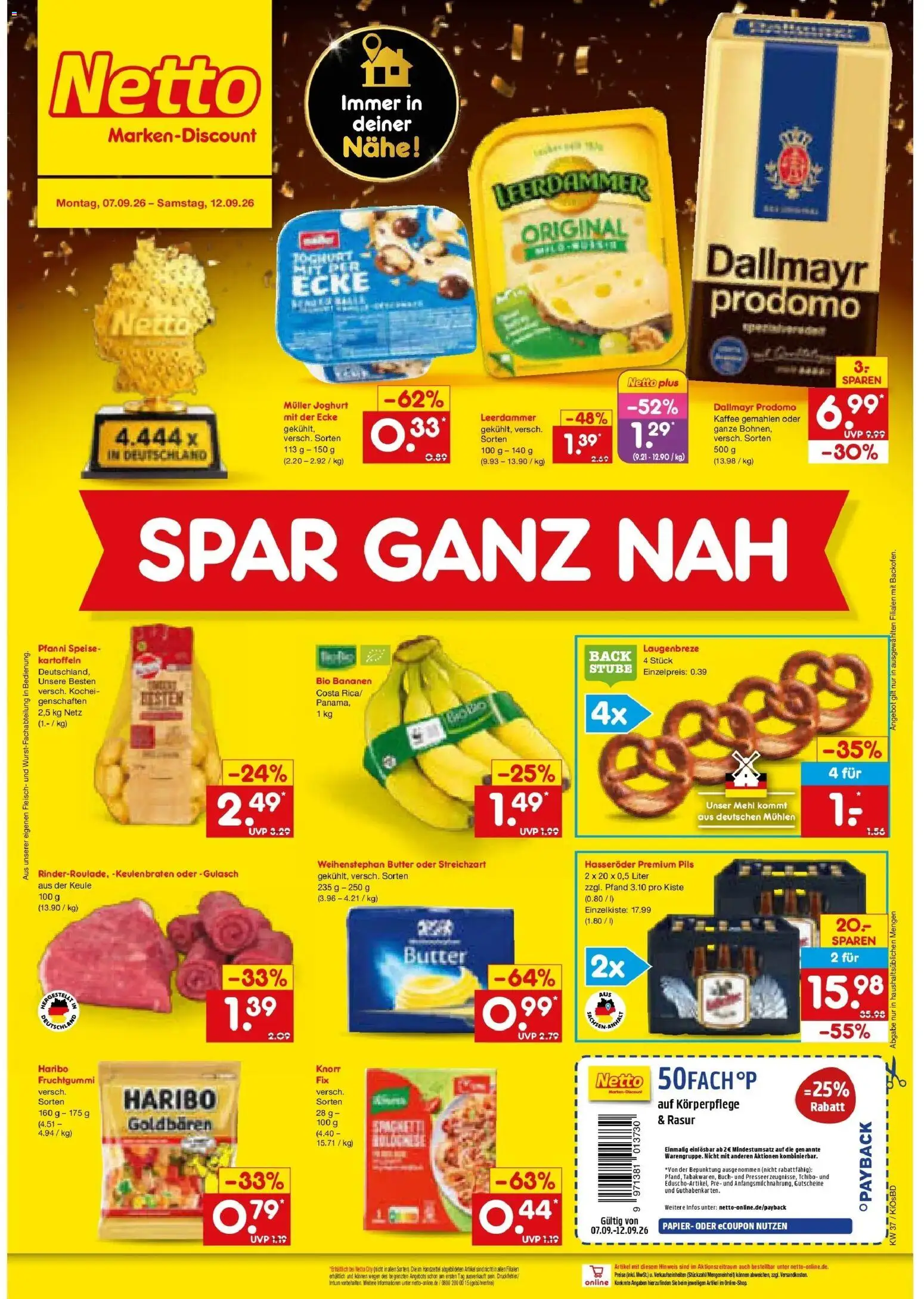 Vorschau von dem Prospekt des Geschäftes Netto Marken-Discount, gültig ab dem 07.09.2026 - Kaffee, Butter, Joghurt, Bananen, Fleisch, Mehl, Dallmayr prodomo, Hasseröder